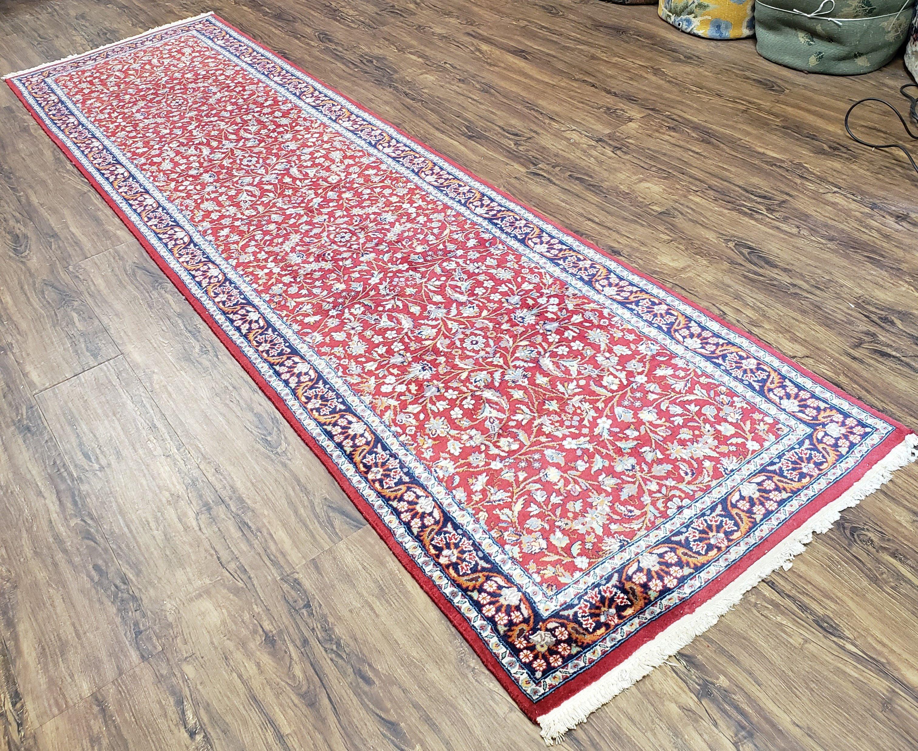 Antique Persian Sarouk Vintage Runner Rug, 2' 7" x 10' 3", Red with Dark Blue Floral Design - Jewel Rugs