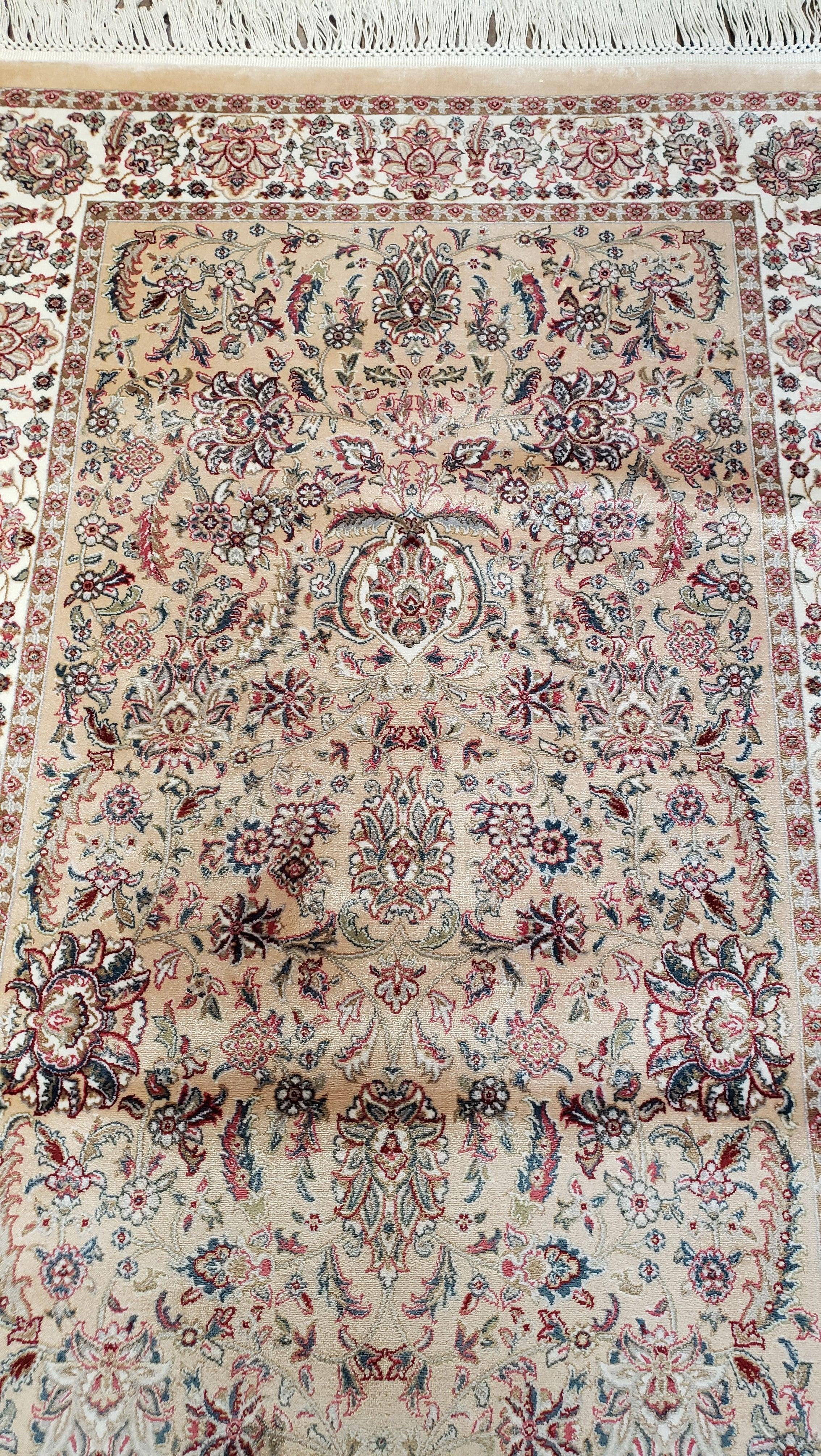 New Turkish Silk Carpet Small, 3x5, 2.5x5, Tan, Ivory, Cream, Bamboo Silk, Traditional Pattern, Accent Rug, 2' 8" x 4' 11" - Jewel Rugs