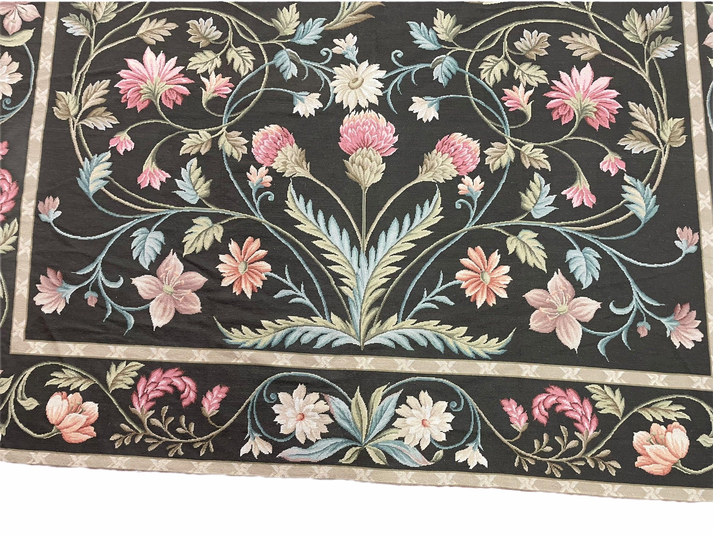 Black Aubusson Needlepoint Rug 9x12, Flatweave Carpet Floral Pattern, Flowers, European Design, Handmade Hand-Knotted Hand-Woven, Brand New - Jewel Rugs