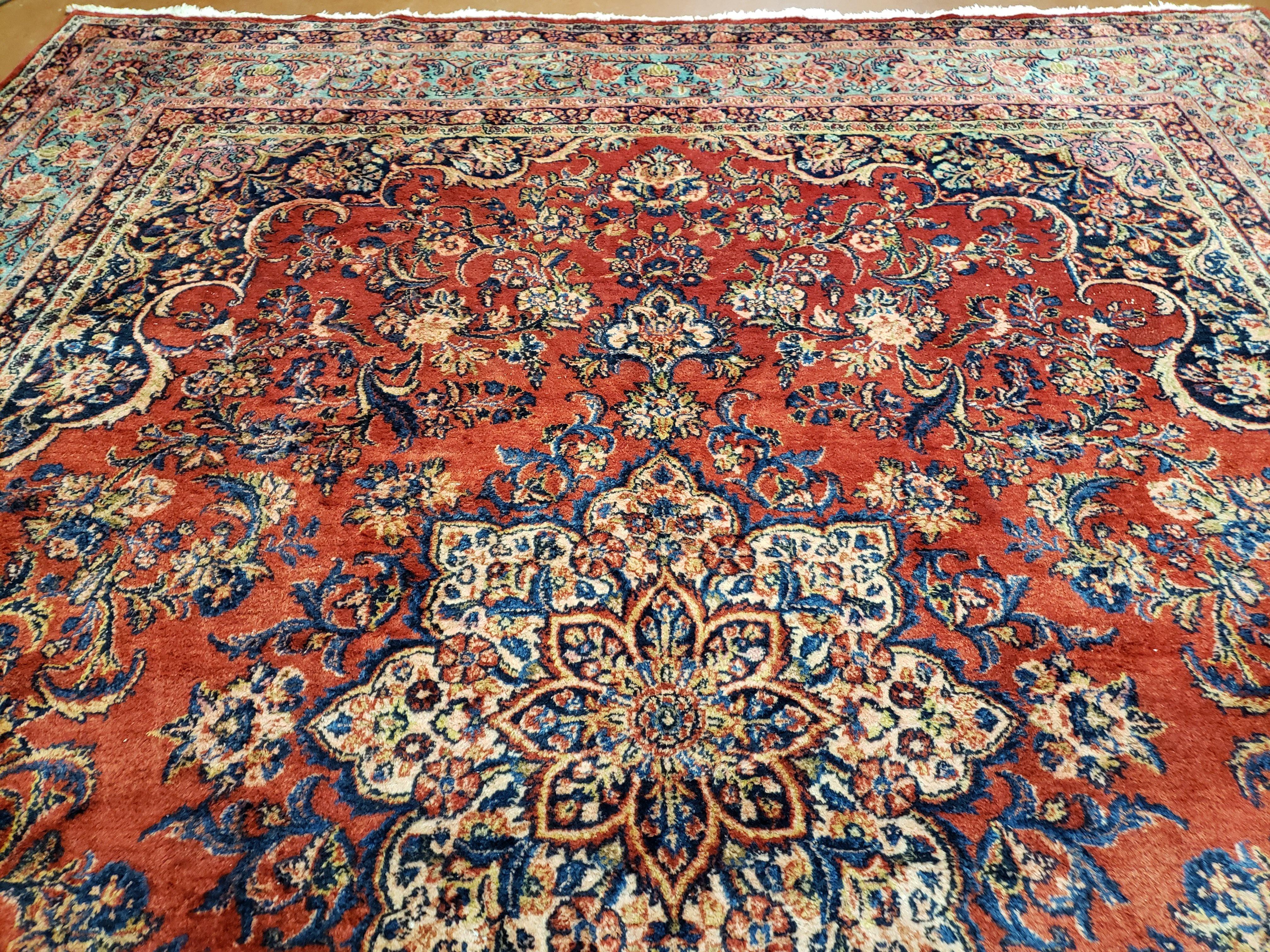 9x11 Antique Red & Sky Blue Turkish Rug Hand-Knotted Vintage Persian Carpet Wool High Quality Authentic Oriental Rug - Jewel Rugs