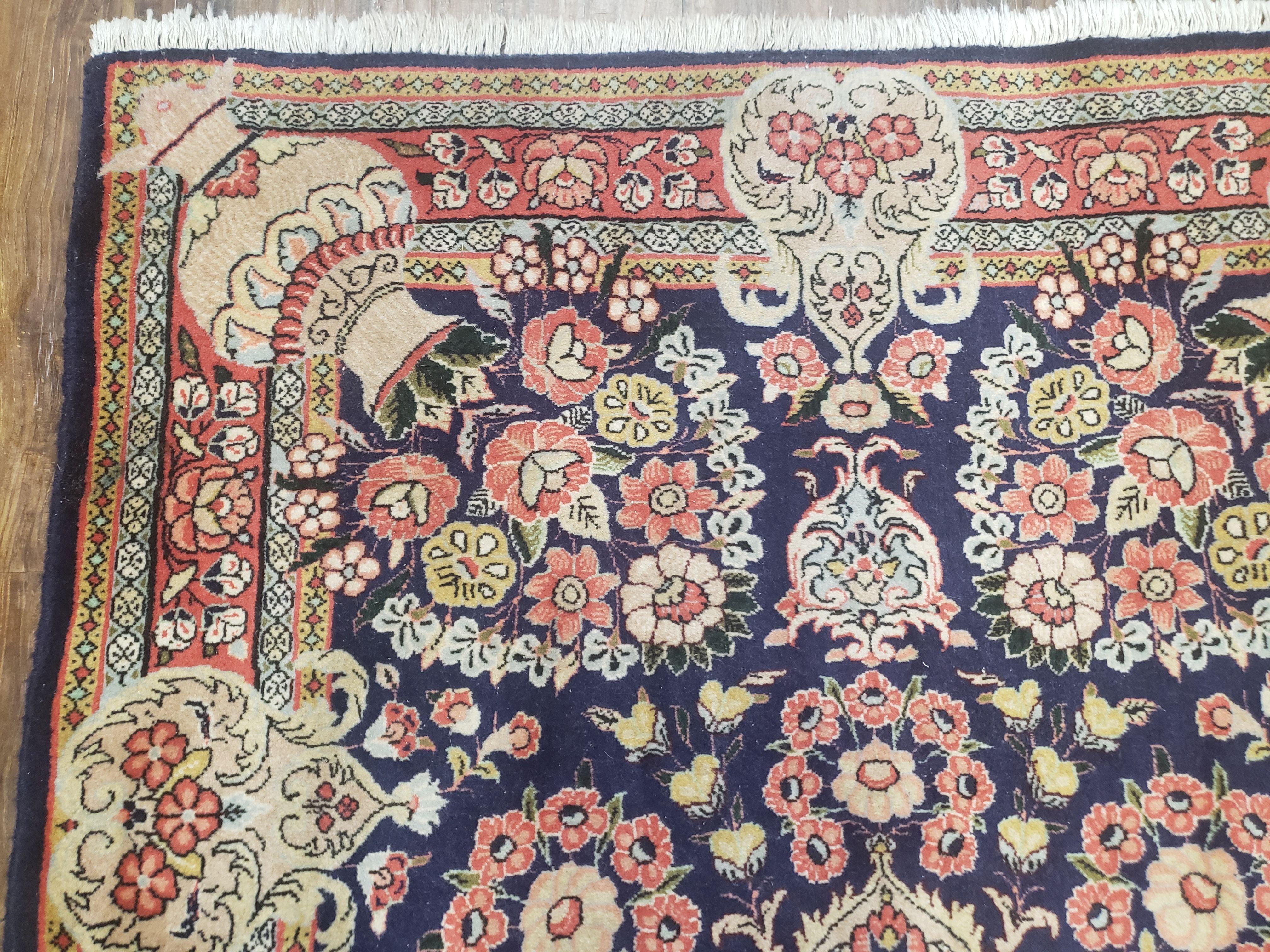 Semi Antique Persian Sarouk Rug, Vases & Flower Design, Dark Blue & Pale Red, Hand-Knotted, Wool, 3'8" x 5'3" - Jewel Rugs