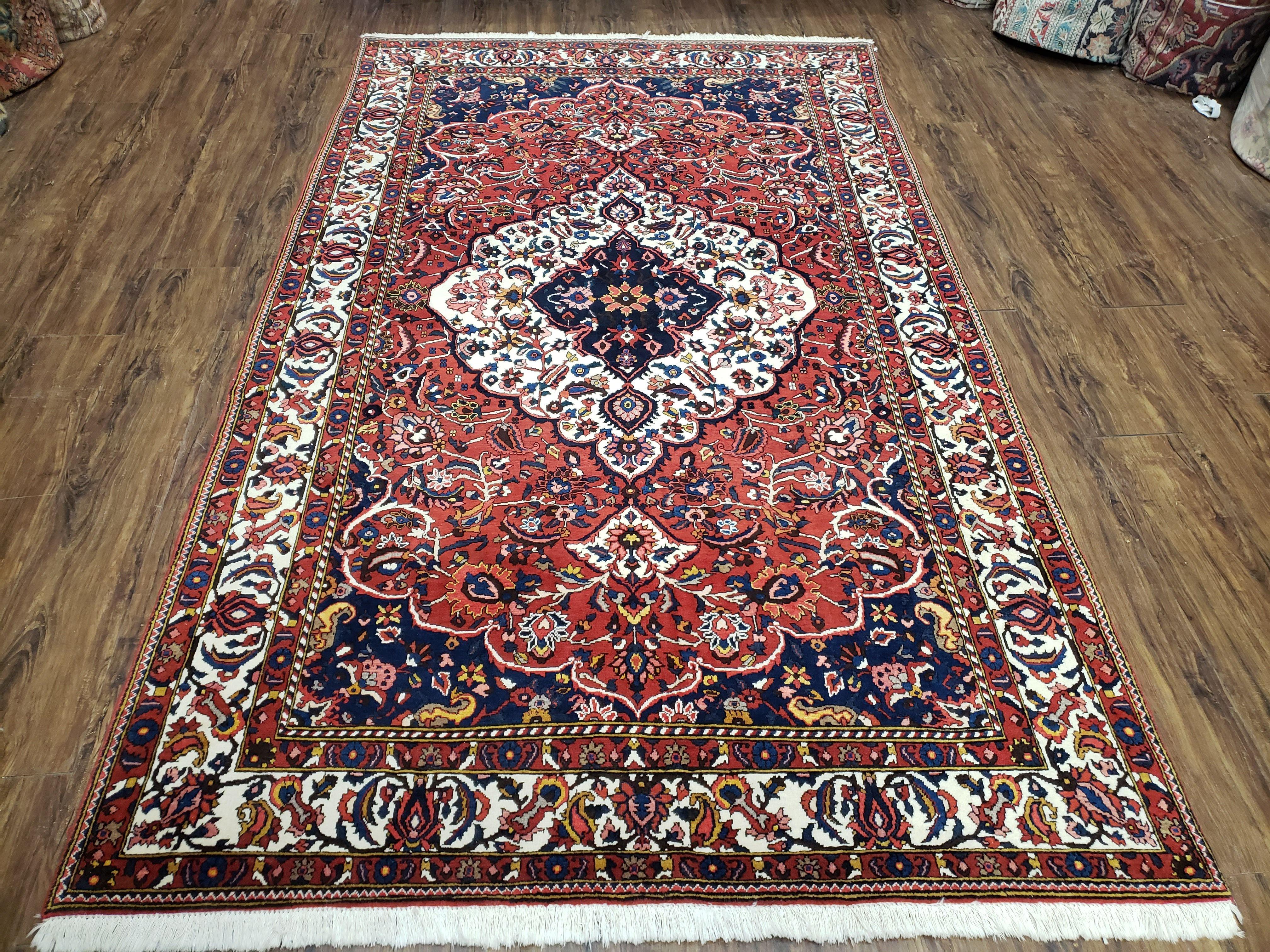 Semi Antique Persian Bakhtiari Rug, Hand-Knotted, Wool, Red, Midnight Blue, Ivory, Floral Medallion, 5'1" x 8' 6" - Jewel Rugs