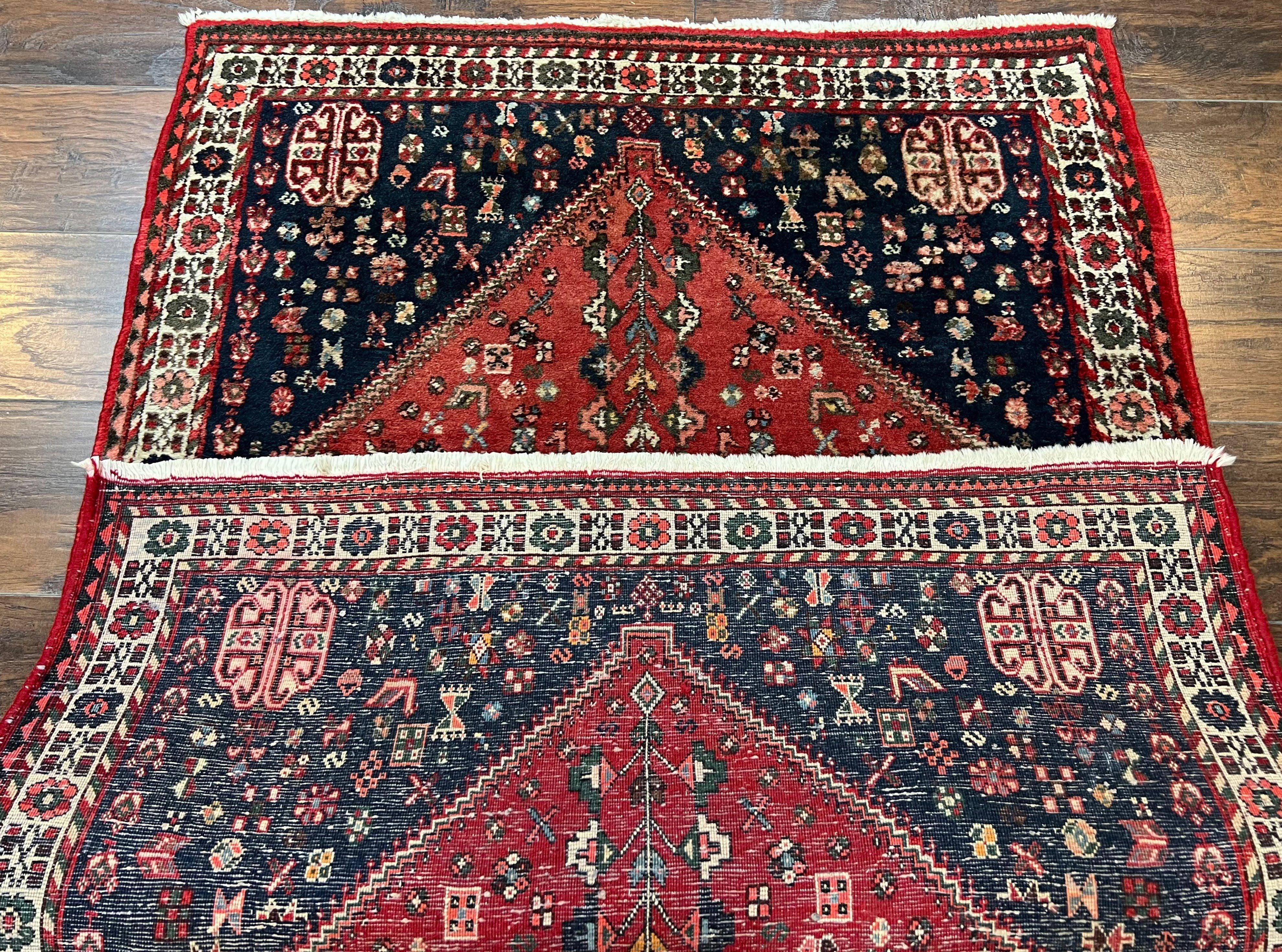 Persian Tribal Rug 3.6 x 5 ft, Persian Abadeh Rug, Geometric Medallion Bird Motifs, Red and Navy Blue Hand Knotted Handmade Wool Vintage Oriental Carpet - Jewel Rugs