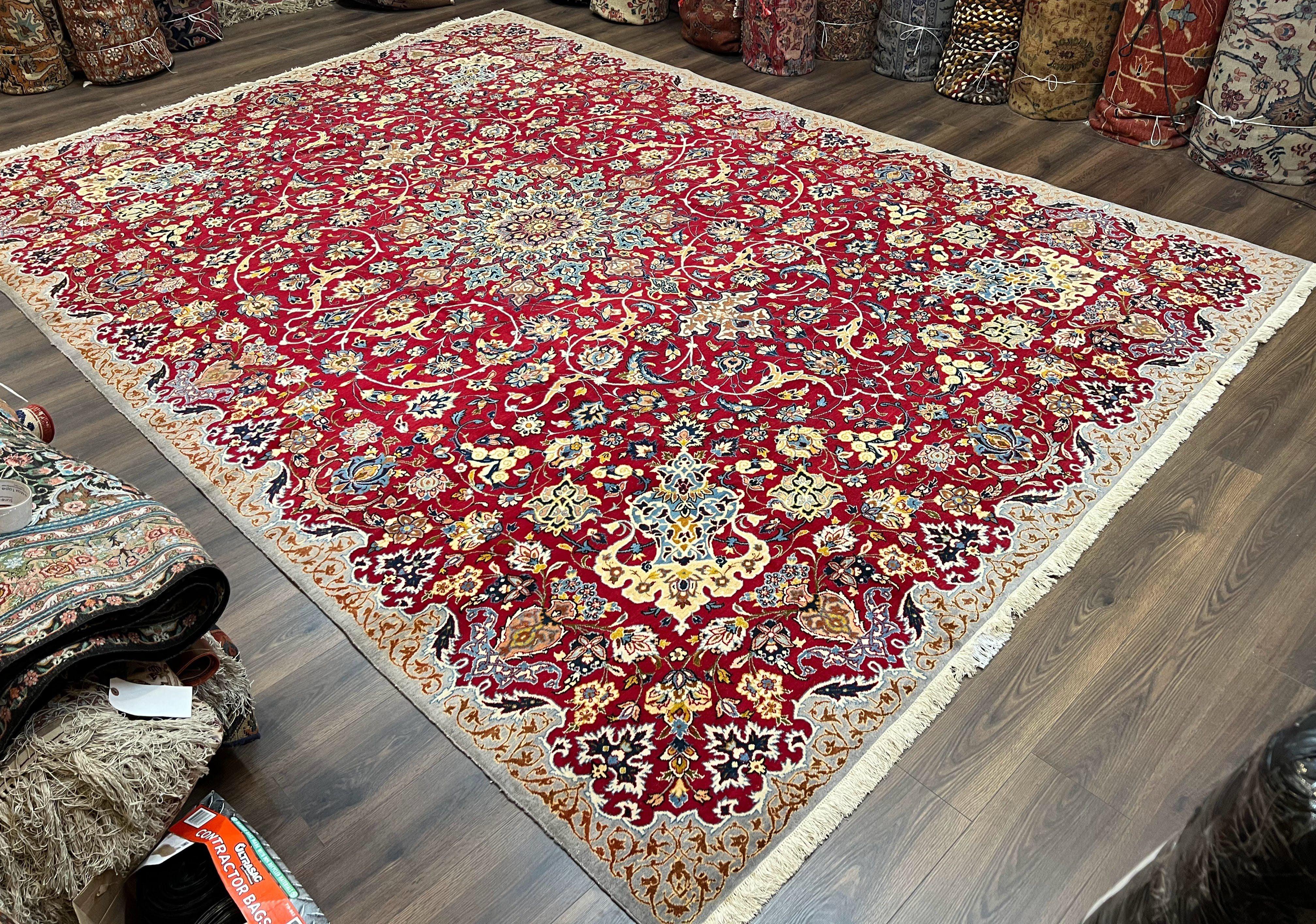 Large Red Persian Kashan Rug 10x14, Allover Floral Pattern, Central Medallion, Vintage Antique Rug, Hand Knotted Wool Authentic Oriental Carpet - Jewel Rugs