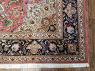 Vintage Persian Tabriz Rug 6.7 x 9.9, Wool Hand-Knotted Salmon Pink & Dark Blue Floral Medallion Carpet, Traditional Fine Persian Oriental Rug - Jewel Rugs