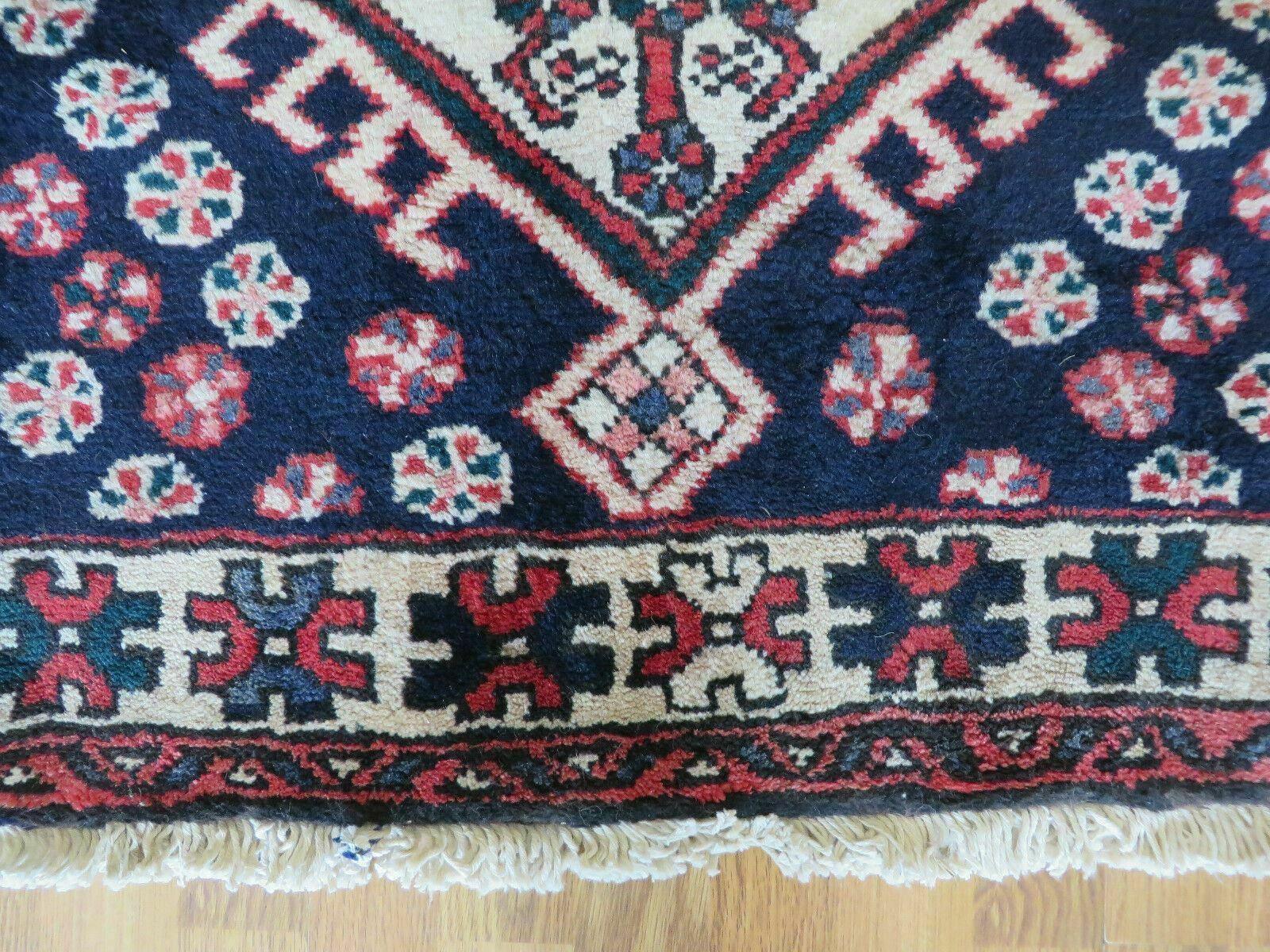 Persian Tribal Runner Rug 3.5 x 10.7, Persian Karajeh Heriz Rug, Hand Knotted Antique Wool Vegetable Dyed Hallway Runner, Navy Blue Red Off White, Geometric Medallions - Jewel Rugs