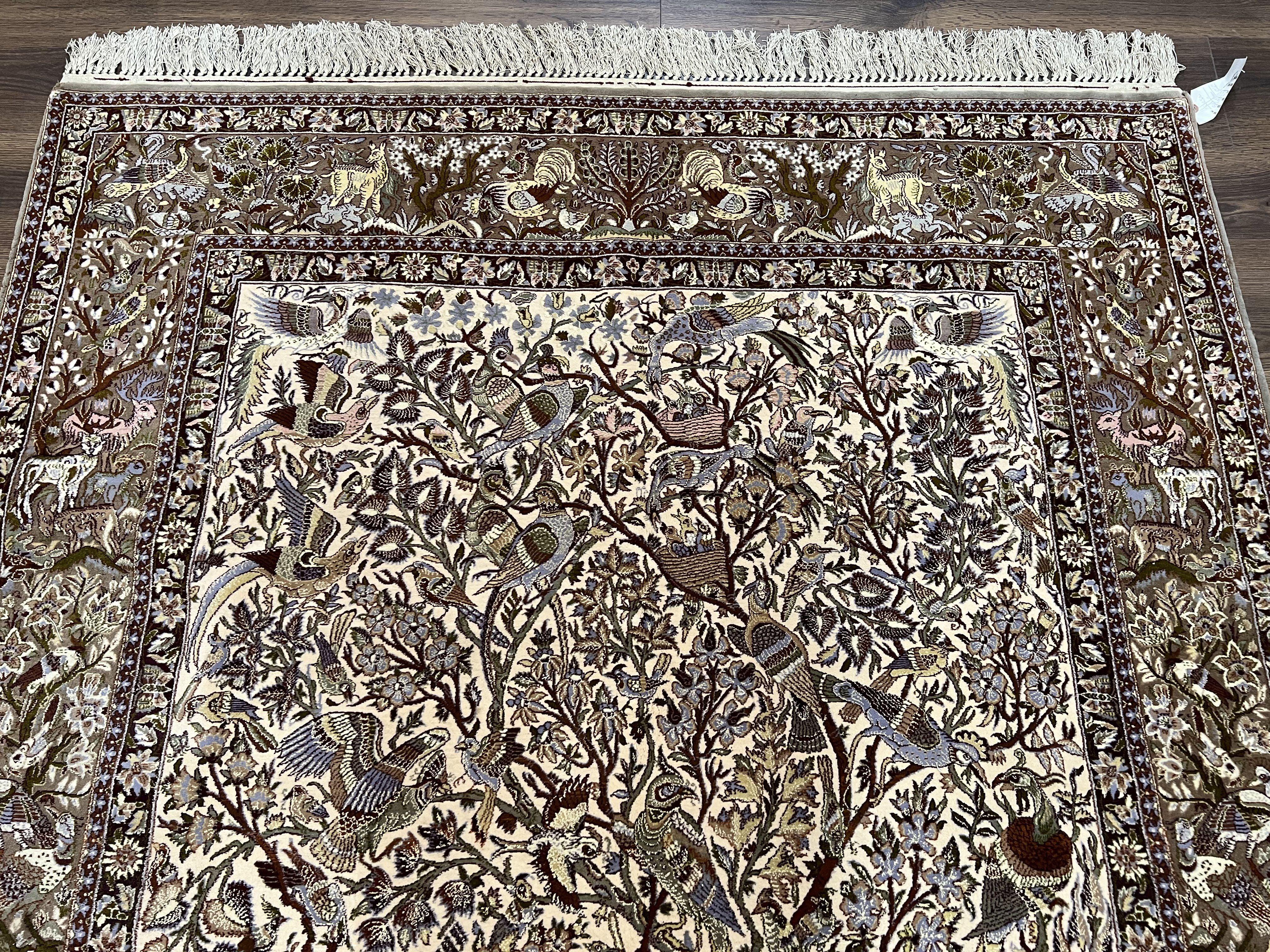 Stunning Persian Isfahan Rug 5x8, Animal Pictorials - Birds Peacocks, Fine & Highly Detailed, Kork Wool on Silk Foundation, Tree of Life, Hand-Knotted, Cream - Jewel Rugs