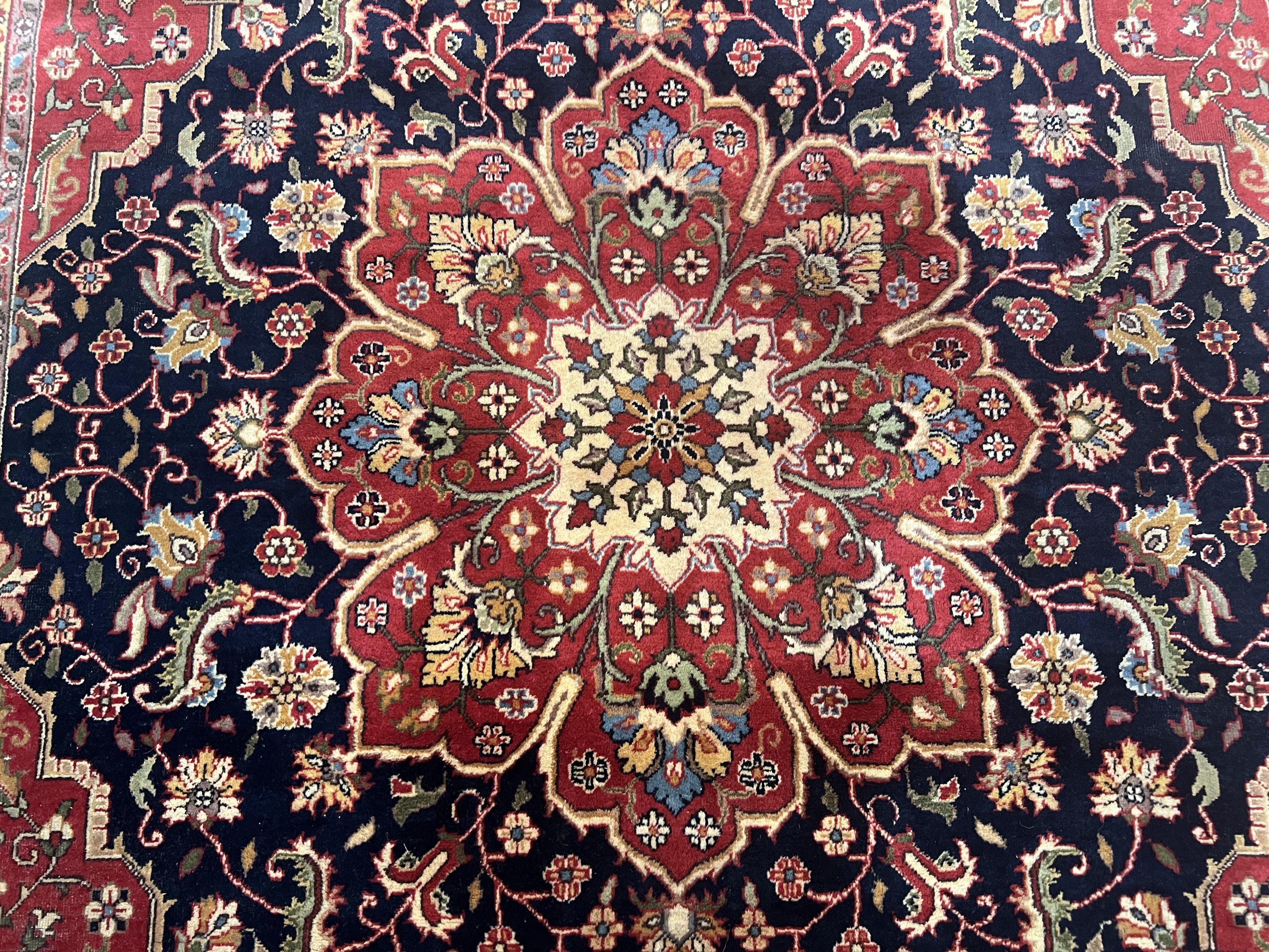 Indo Persian Square Rug 8x8, Vintage Indian Heriz Oriental Carpet, Large Floral Medallion, Red and Navy Blue, Hand-Knotted Square Shaped Rug - Jewel Rugs