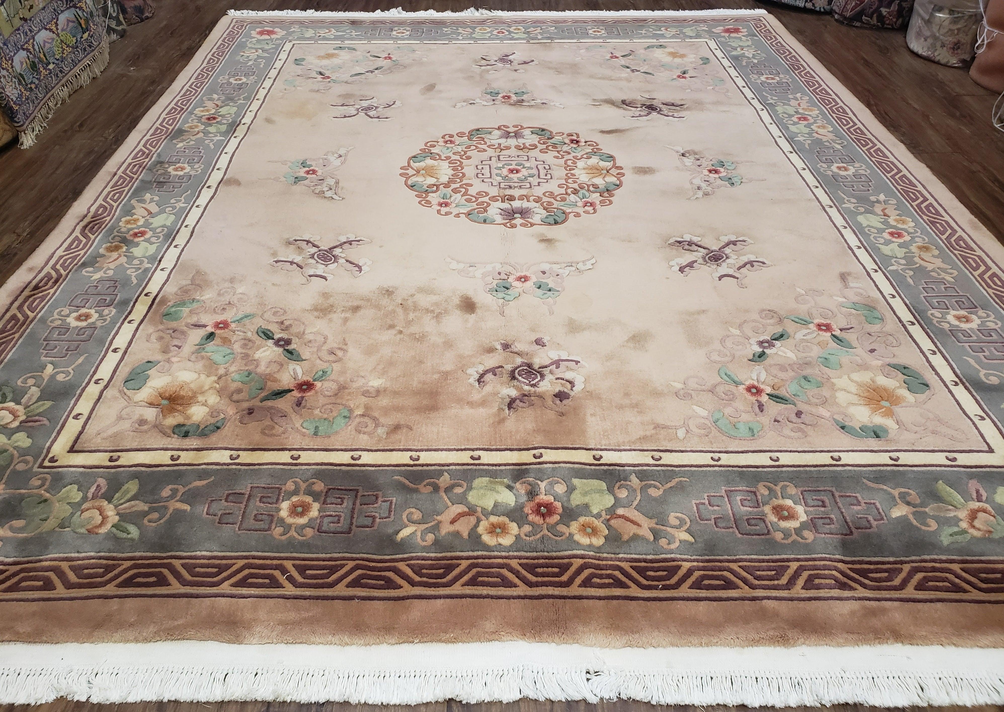 90 Line Chinese Rug 8x10, Chinese Art Deco Rug, Vintage Plush Area Rug, Butterflies Flowers, Beige and Gray Carpet, Bedroom Living Room Rug - Jewel Rugs