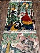 Chinese Wall Hanging Tapestry with Rod 2 x 6, Parrots Butterflies Safari Scene, Soft Wool on Silk Foundation, Handmade Hand Knotted Vintage - Jewel Rugs