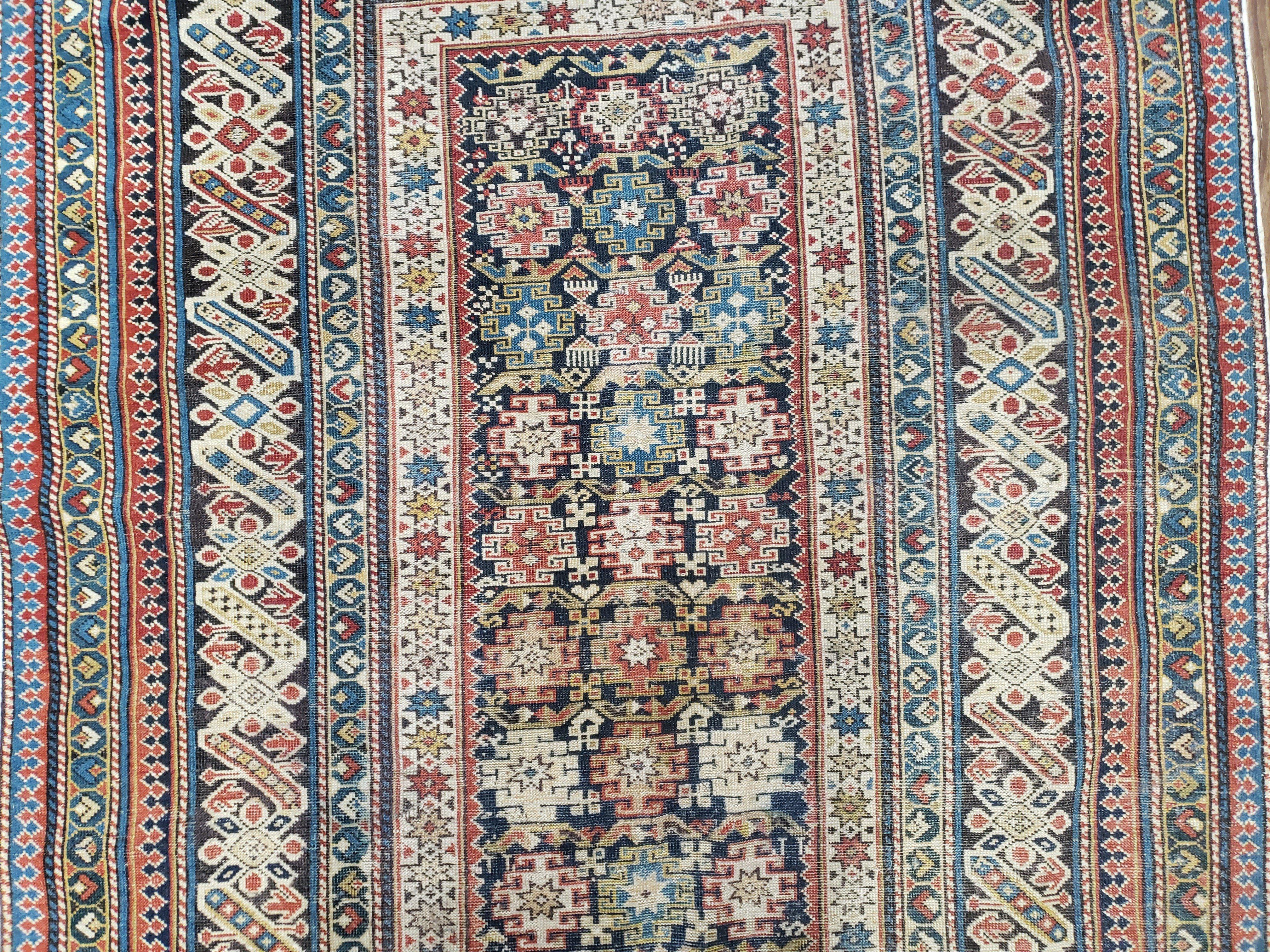 Caucasian Rug 3'9" x 5'7", Antique 1920s Collectible Caucasian Chi Chi Carpet, Hand Knotted, Colorful, Dark Blue Cream Red, Wool, Small Rug - Jewel Rugs