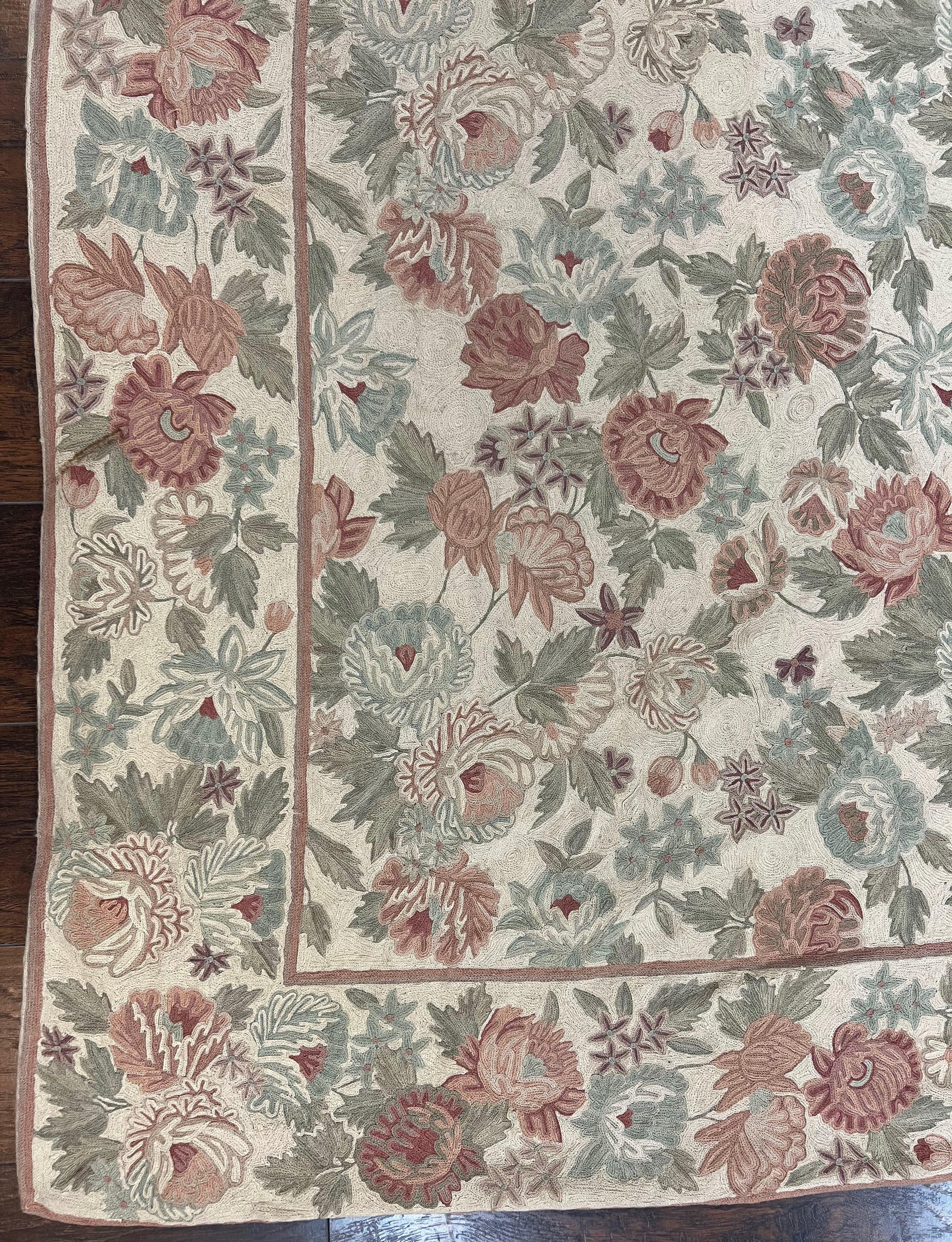 Indian Hand Stitched Rug 9x12, Floral Allover, Vintage Chain Stitched Wool Carpet, Cream Rose Pink Green, Large Flatweave Area Rug 9 x 12 ft - Jewel Rugs