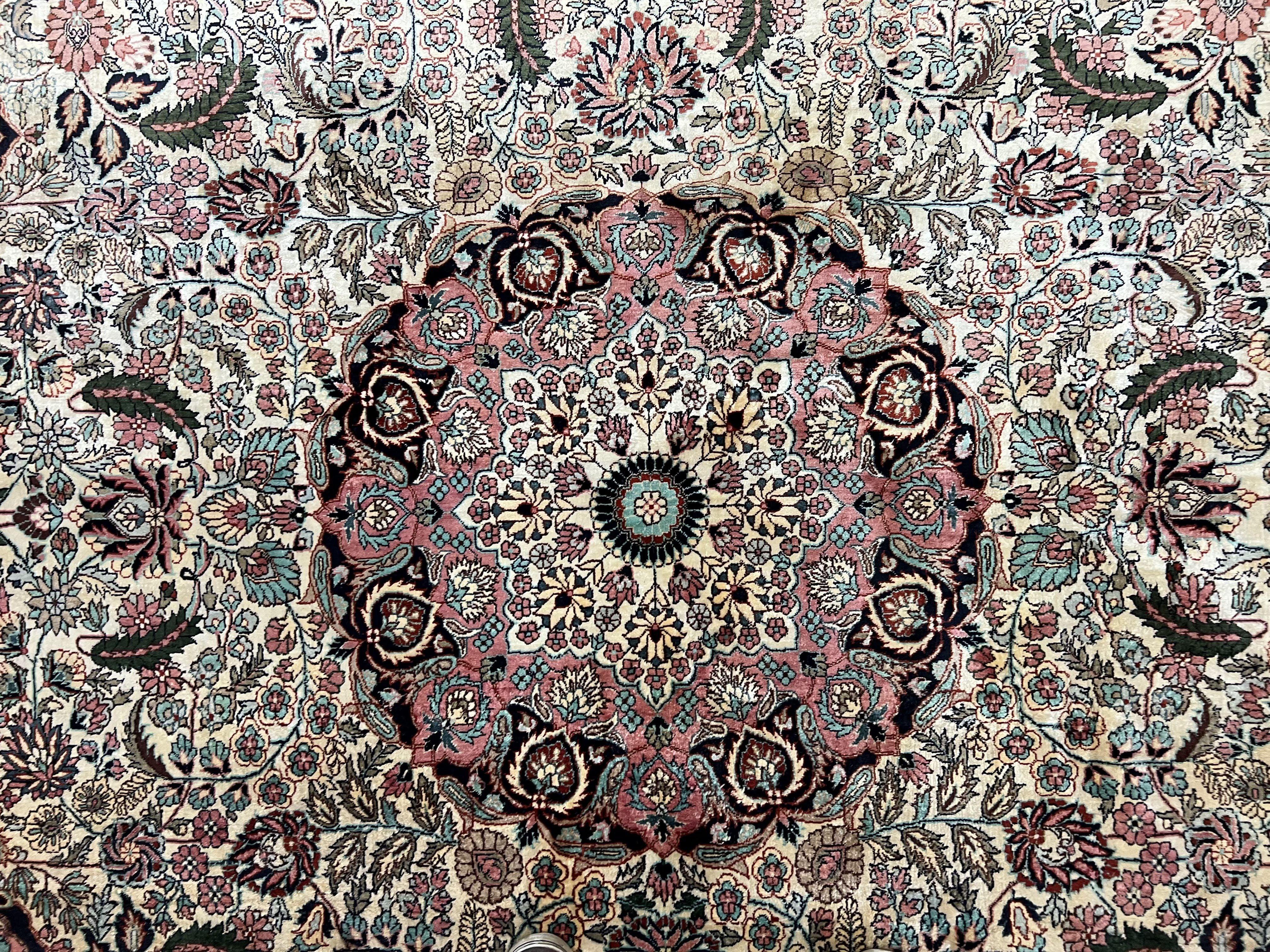 Indian Silk Kashmiri Rug 9x12, Room Sized All Silk Carpet, Center Medallion, Highly Detailed, Top Quality, Very Fine, Vintage, Cream Pink - Jewel Rugs