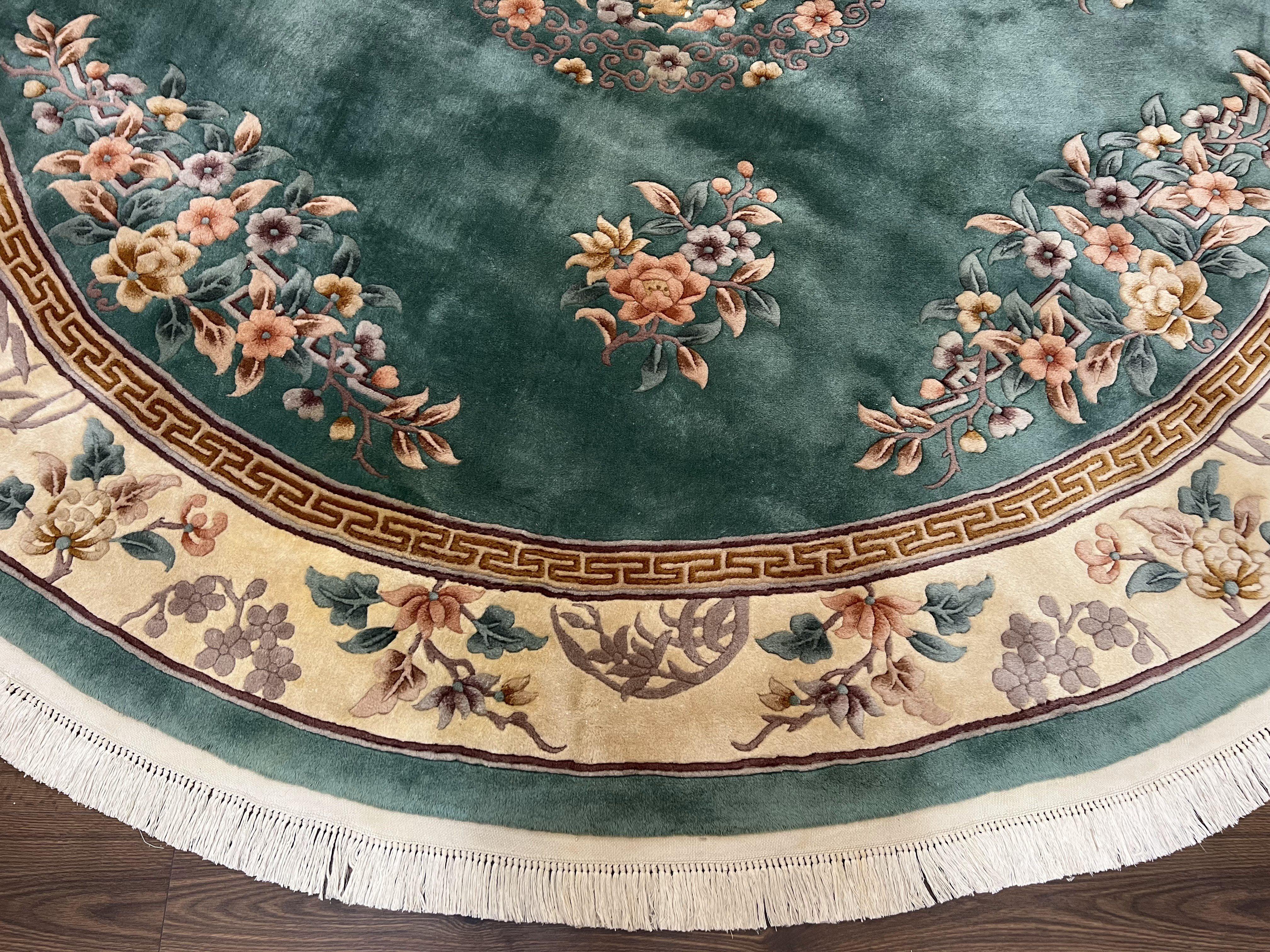 9ft Round Chinese Wool Rug, Vintage 1960s Chinese Dragon Carpet, 9x9 Round Rug, Green and Cream Floral Rug, Soft Plush Pile 90 Line Floral - Jewel Rugs