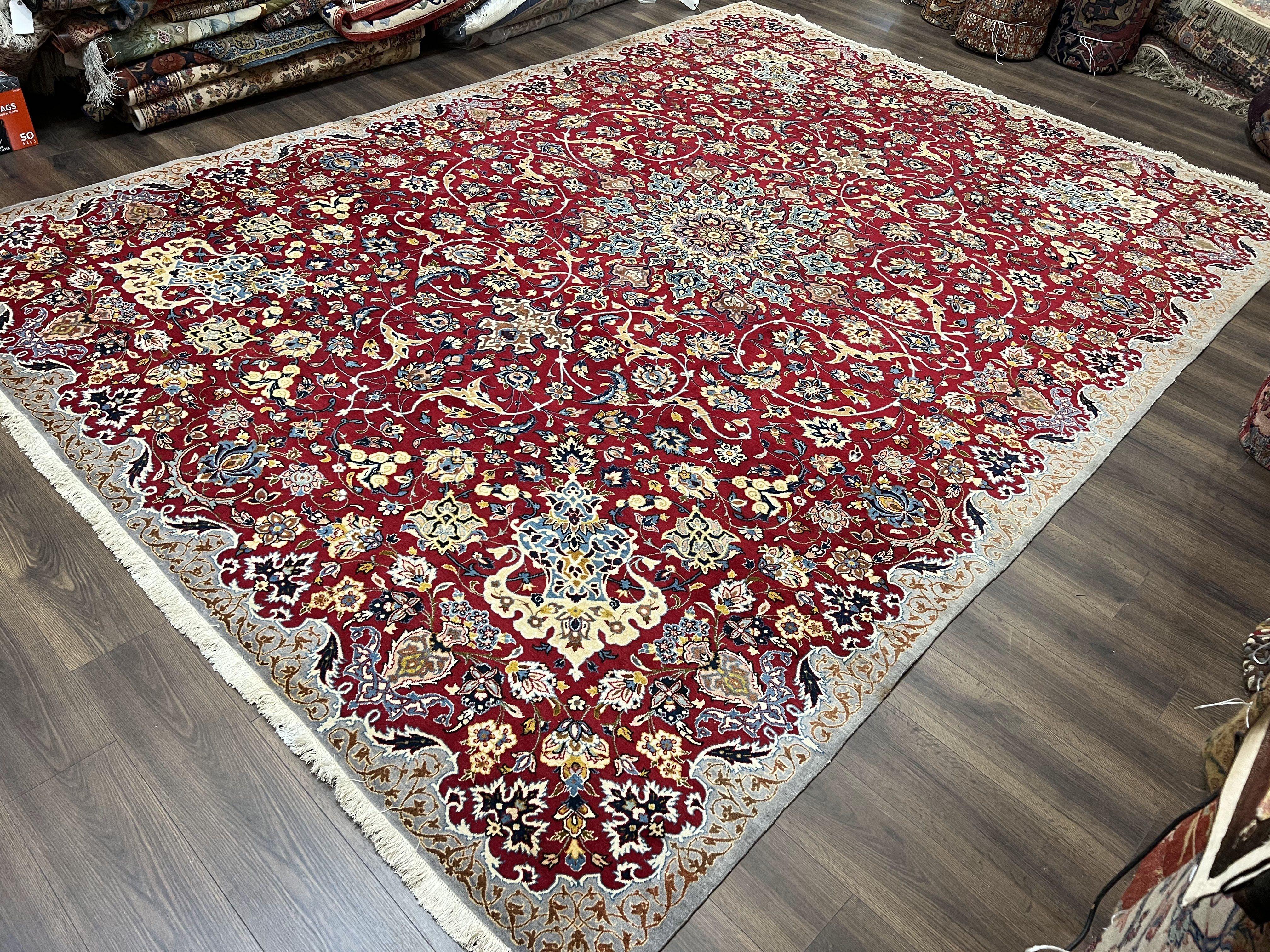 Large Red Persian Kashan Rug 10x14, Allover Floral Pattern, Central Medallion, Vintage Antique Rug, Hand Knotted Wool Authentic Oriental Carpet - Jewel Rugs