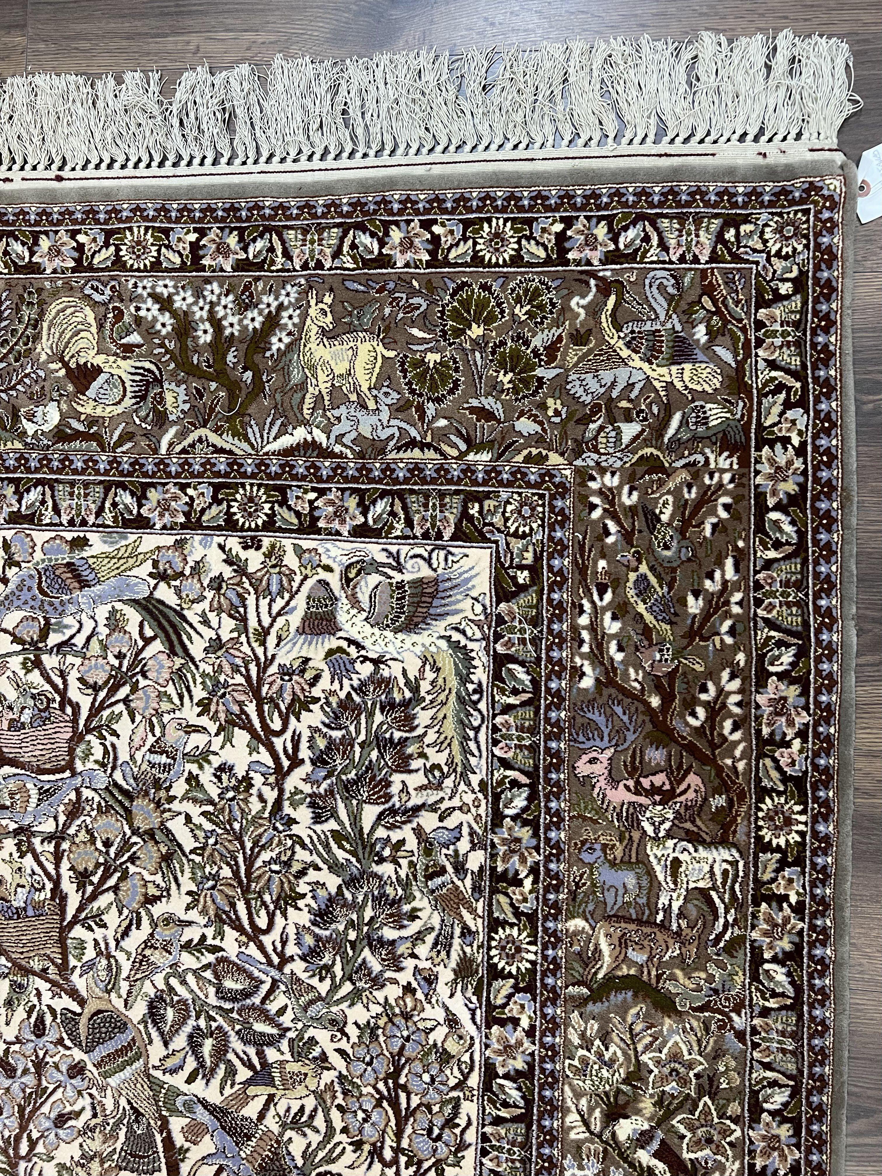 Stunning Persian Isfahan Rug 5x8, Animal Pictorials - Birds Peacocks, Fine & Highly Detailed, Kork Wool on Silk Foundation, Tree of Life, Hand-Knotted, Cream - Jewel Rugs