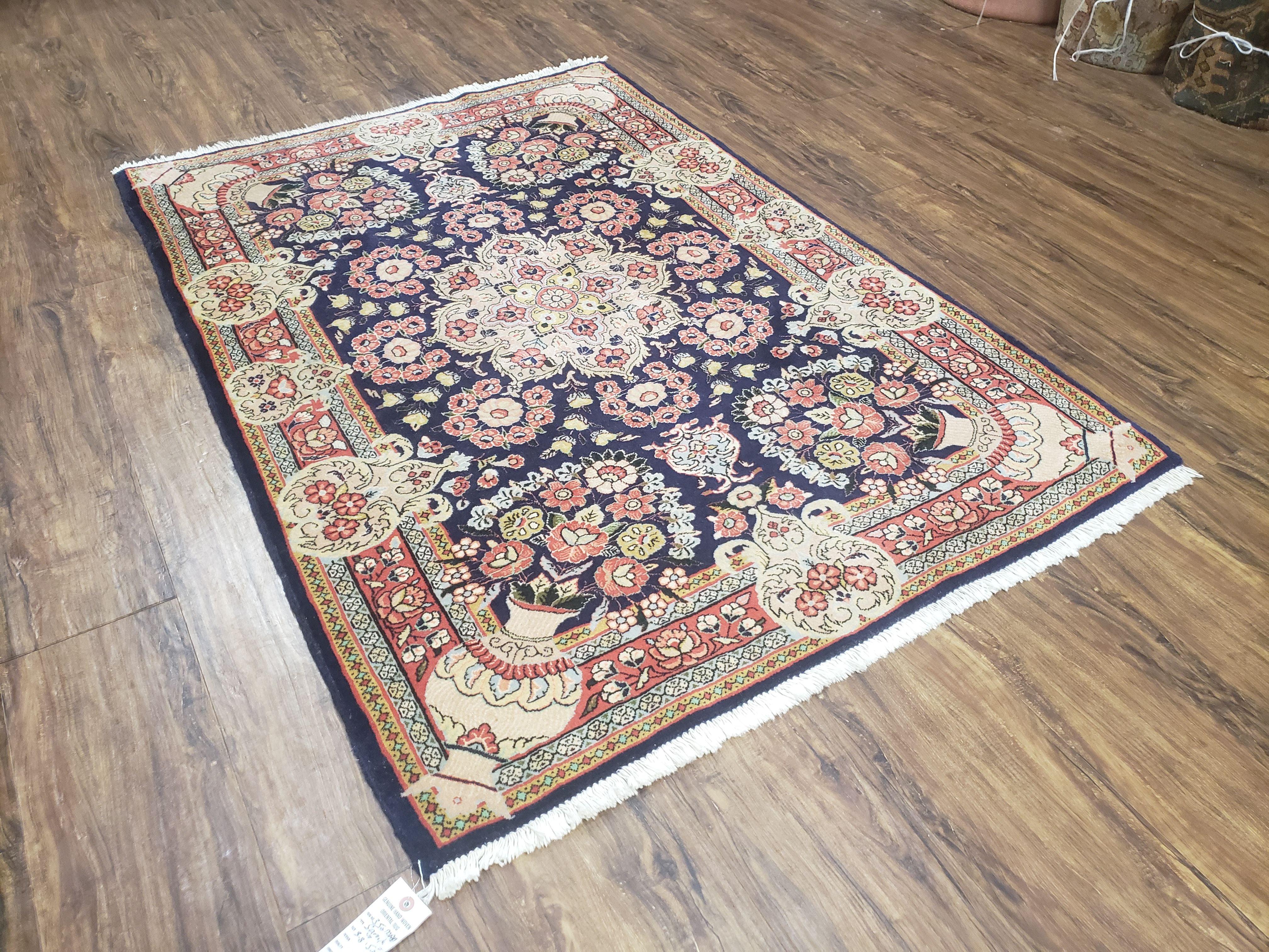 Semi Antique Persian Sarouk Rug, Vases & Flower Design, Dark Blue & Pale Red, Hand-Knotted, Wool, 3'8" x 5'3" - Jewel Rugs