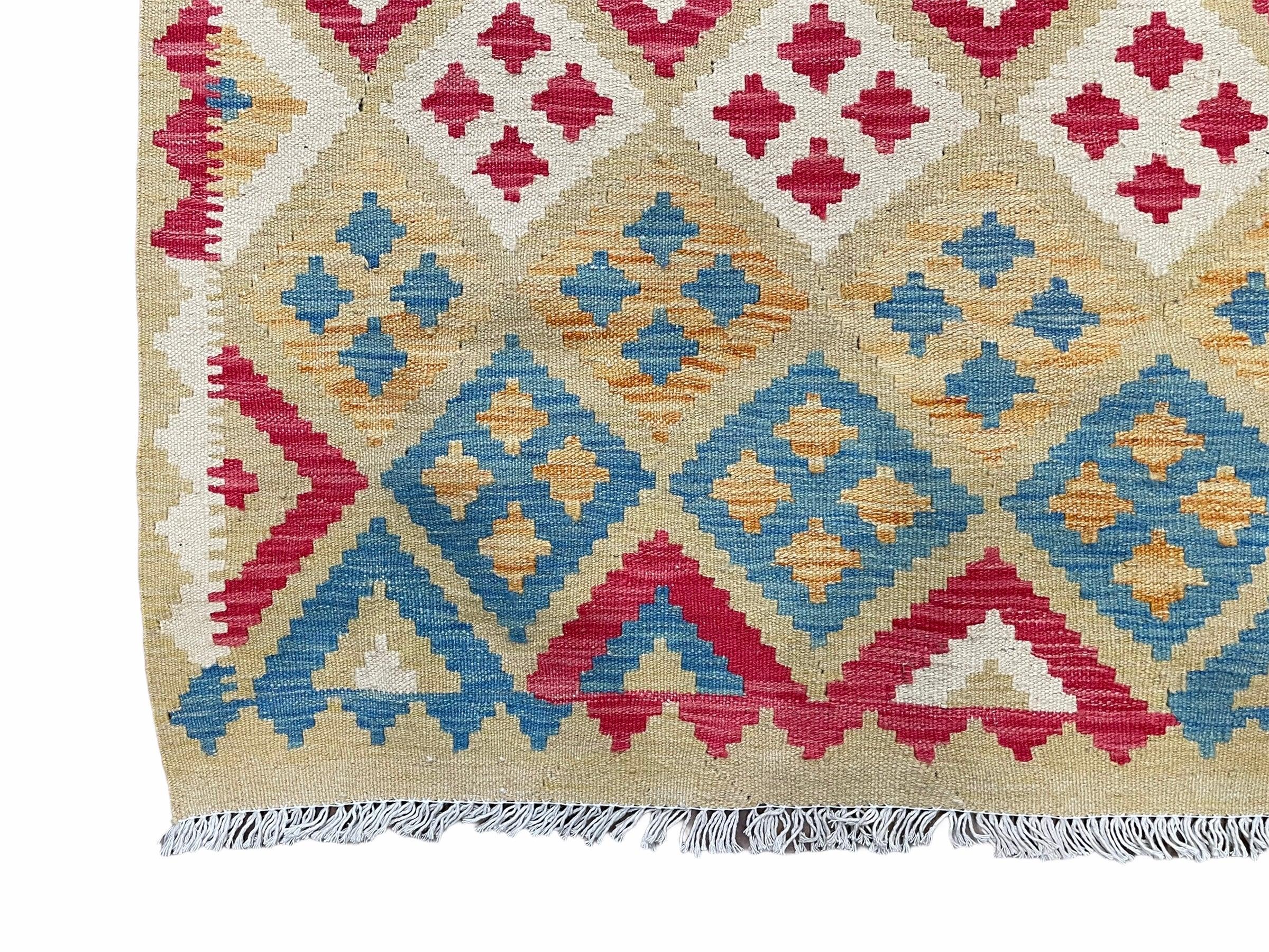 3x5 Kilim Rug Multicolor Tribal Kilim Rug 3 x 5 Tan Light Blue Red Beige New Turkish Anatolian Wool Kilim Flatweave Rug - Jewel Rugs