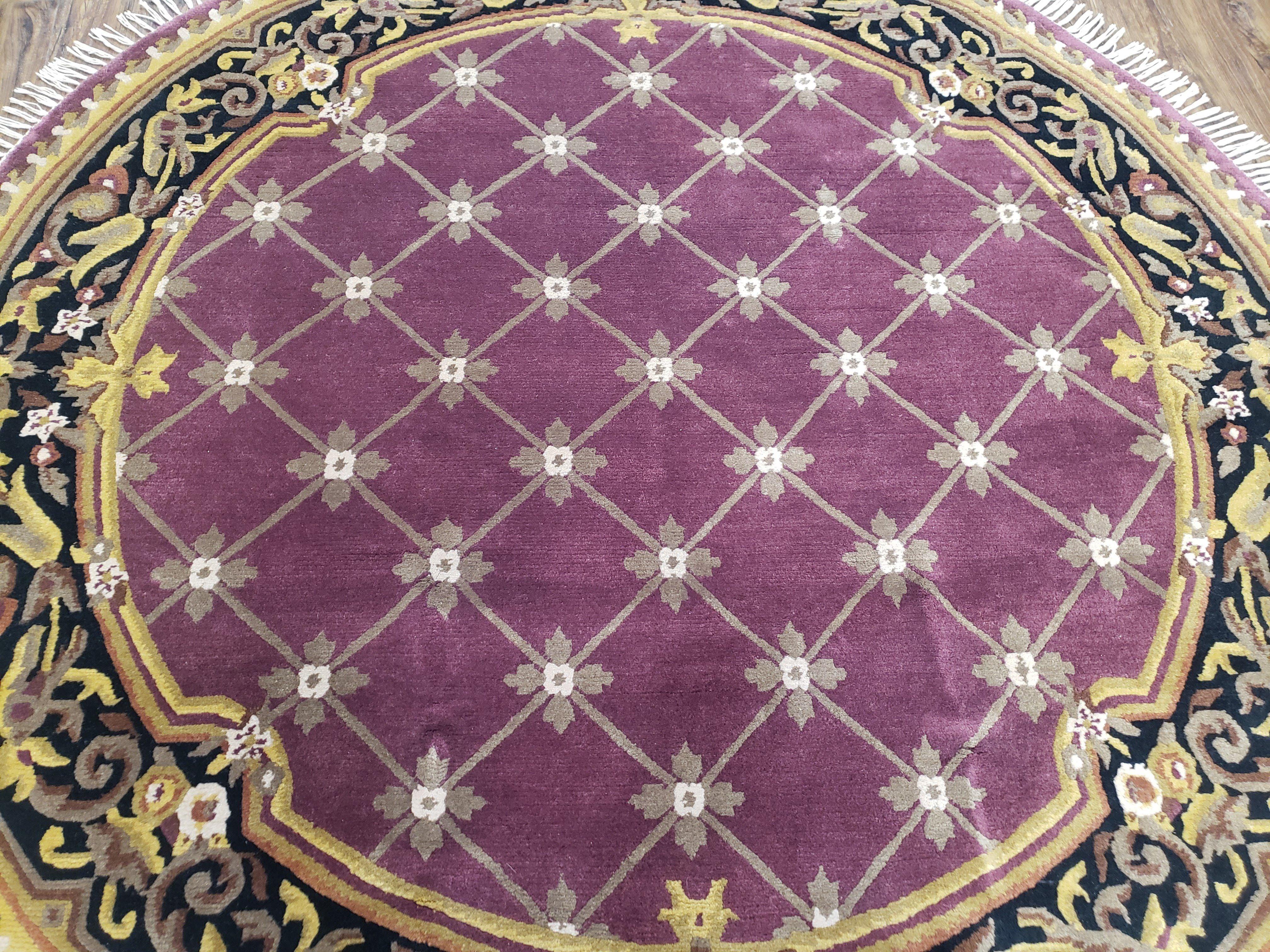 6ft Round Mauve Hand-Knotted Vintage Carpet, Nepalese Aubusson Area Rug 6x6, Wool Hand-Knotted Red/Purple & Black Circular Rug 6 x 6 ft - Jewel Rugs