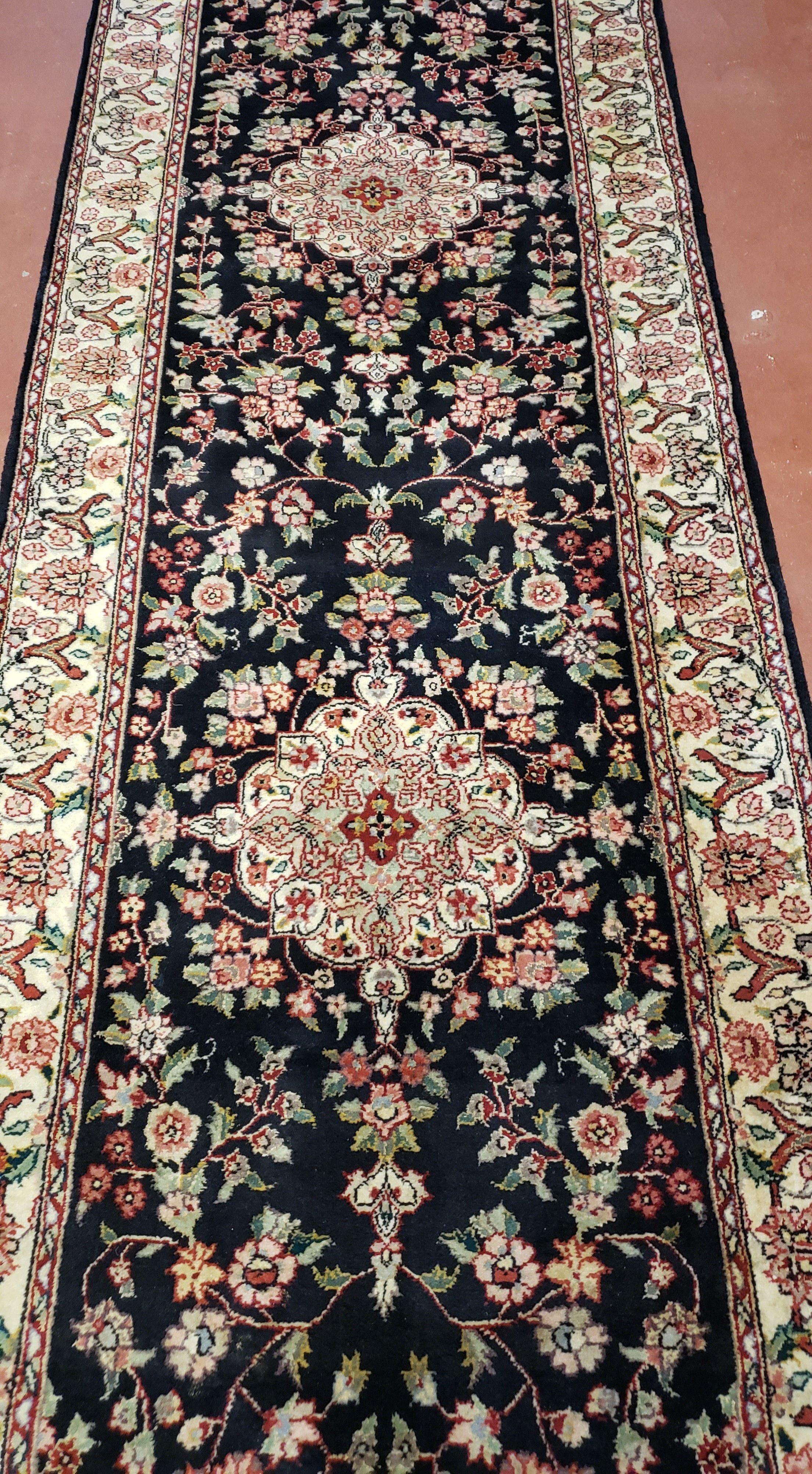 Traditional Oriental Runner Rug, 12ft Long Hallway Carpet, 2.5 ft Wide Black & Ivory Persian Runner, 2' 7" x 12", Hand Knotted Wool Vintage - Jewel Rugs