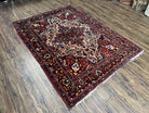 Antique Persian Bakhtiari Rug 5x6 ft, Village Rug, Vegetable Dyed, Red Midnight Blue Gold Tan, Hand Knotted Wool Carpet, Floral Medallion - Jewel Rugs