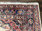 Persian Rug 9x10, Hamadan Rug, Antique Oriental Carpet, Wool Rug, Semi Open Field, Cream and Navy Blue, Kirman Design Hand Knotted Almost Square Rug - Jewel Rugs