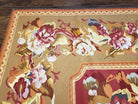 Vintage Chinese Aubusson Savonnerie Flat Pile Rug 9.9 x 14.5 Wool Handwoven Red & Khaki Large Flowers Rug 9x14 - 10x15 Michaelian Kolhberg - Jewel Rugs