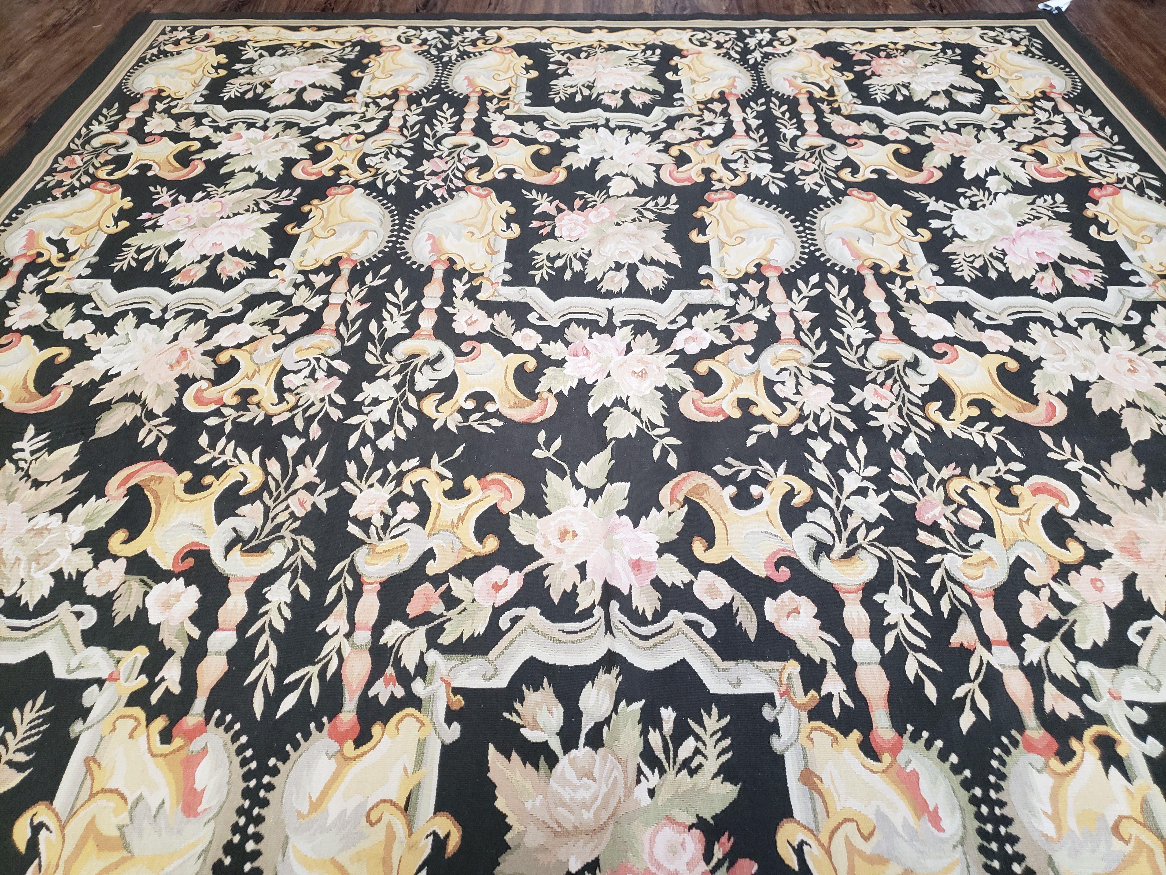 Vintage Black Aubusson Area Rug 8x10, Large Flowers Chinese Aubusson Carpet 7.9 x 10, Wool Hand-Knotted Floral Pattern Flat Weave Rug Nice - Jewel Rugs