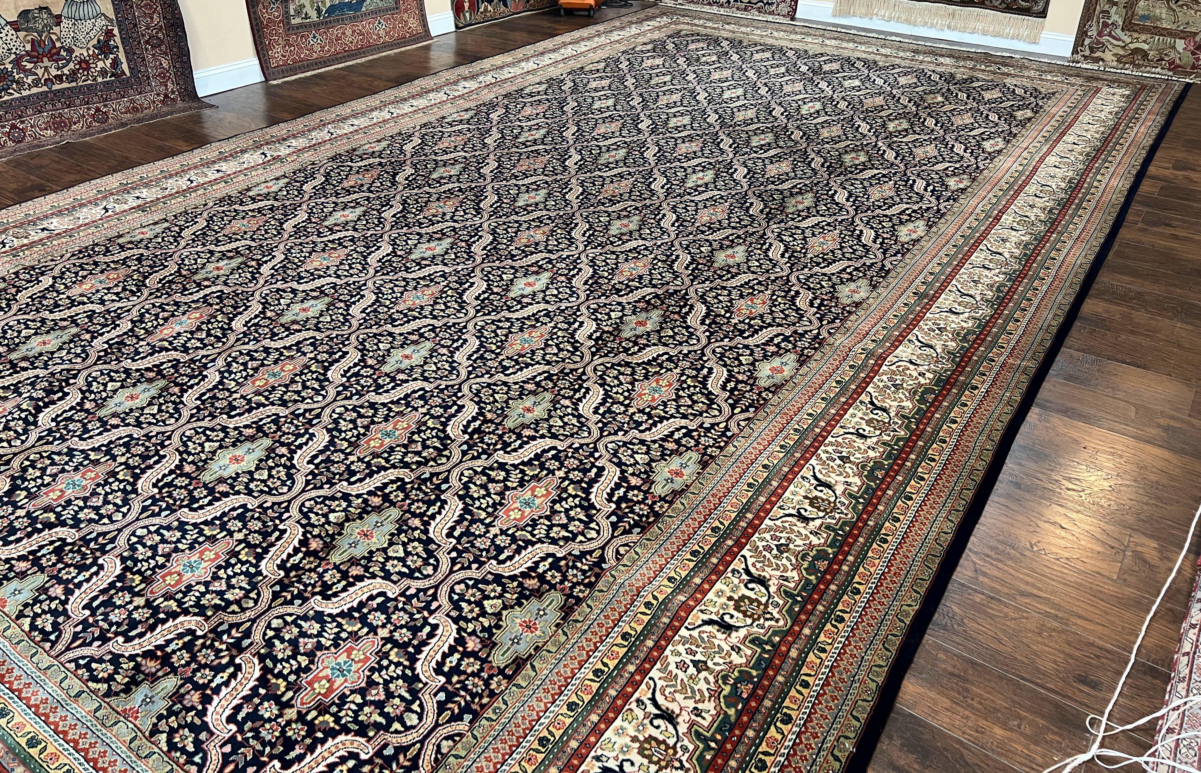 Palace Sized Indian Oriental Rug 12 x 22 ft, Large Oversized Hand Knotted Wool Carpet, Navy Blue Cream Tan, Overall Floral Bidjar Pattern - Jewel Rugs