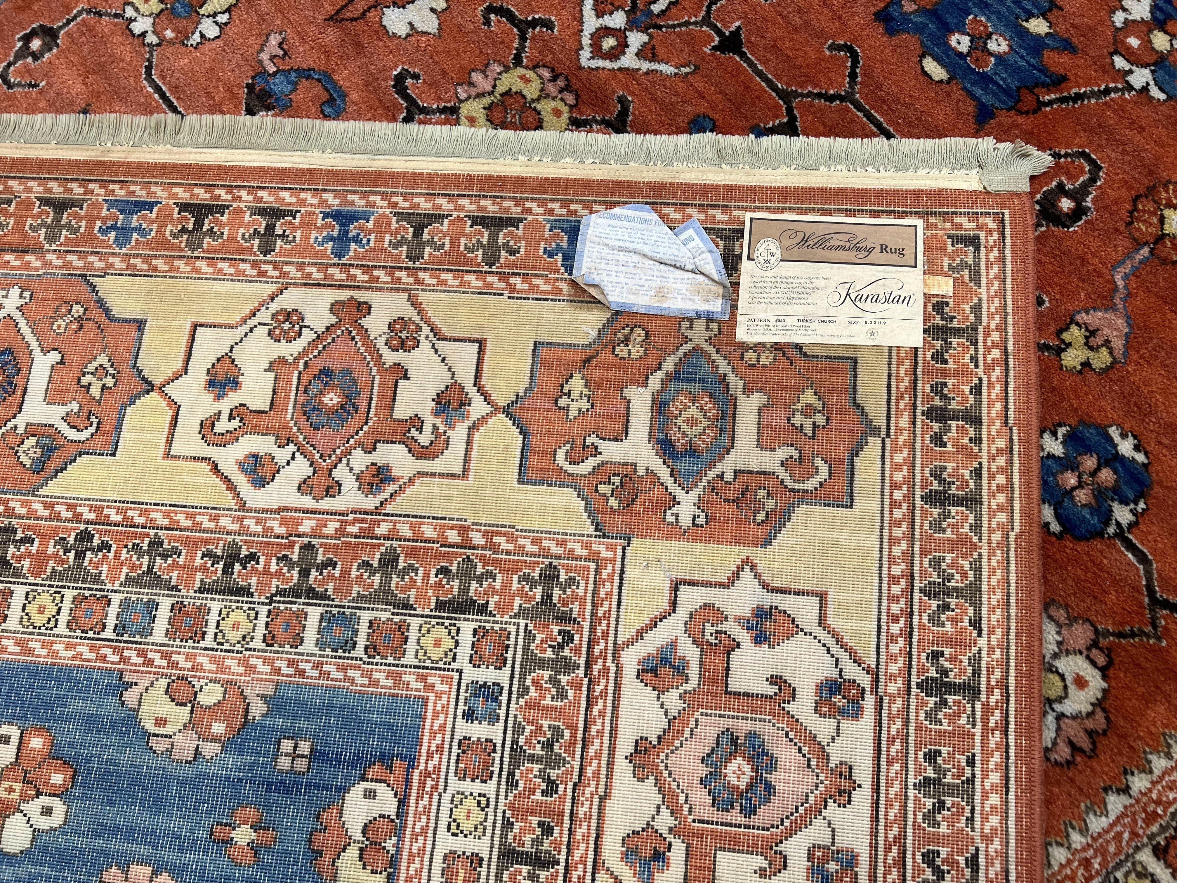 Karastan Rug 8' 2" x 11' 9", Karastan Williamsburg Rug Pattern #553 Turkish Church, Salmon Blue Golden Tan, Wool Karastan Carpet, Room Sized - Jewel Rugs