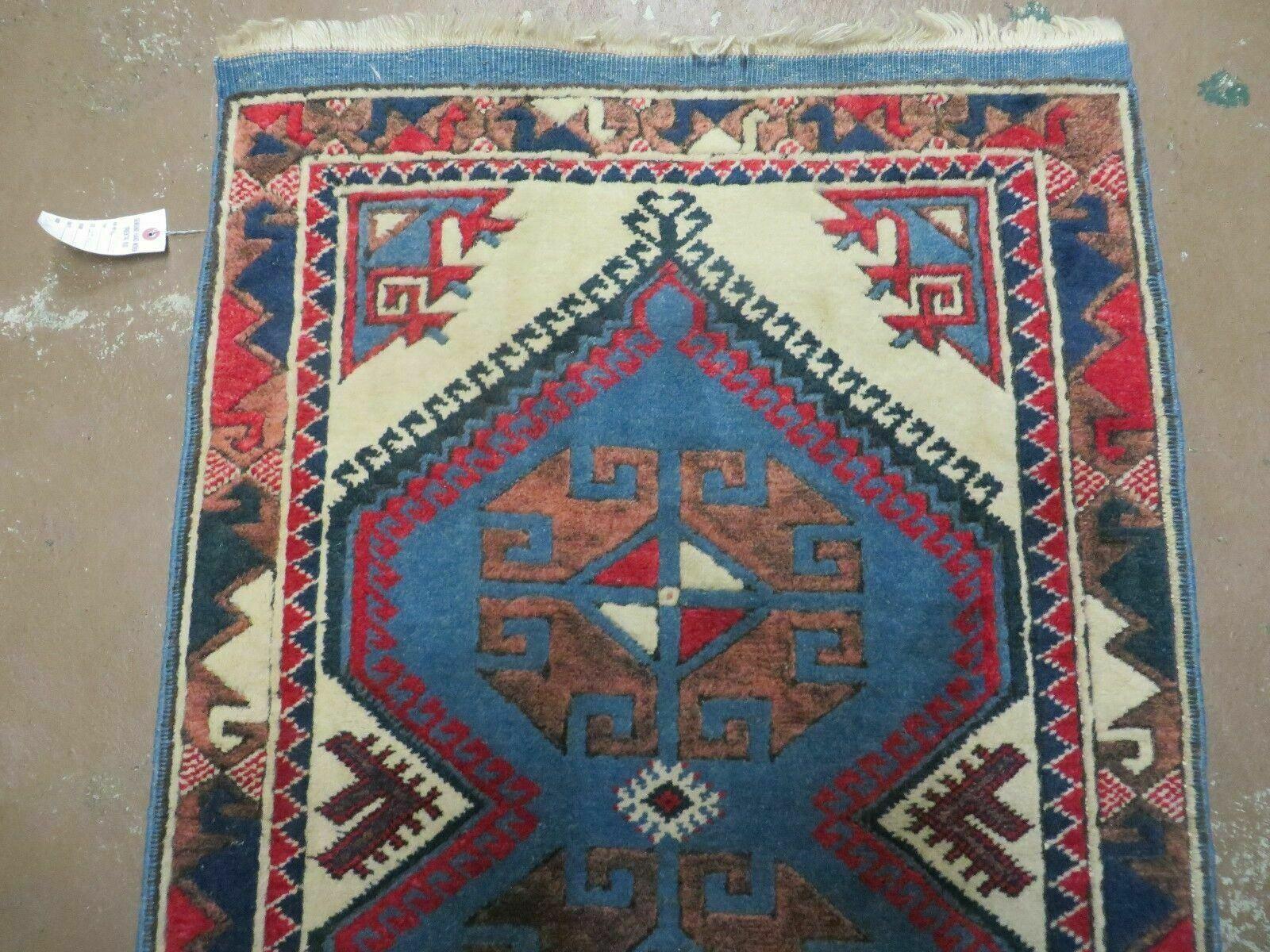 2' 6" X 4' Vintage Handmade Turkish Kazak Pattern Wool Rug Blue Beige and Red Accent Rug - Jewel Rugs