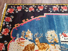 Antique Persian Pictorial Rug 4'6" x 9', Wool Hand-Knotted Blue Roses Karabagh Caucasian Carpet, 1920s Girl Deer Tapestry Wall Hanging Rug - Jewel Rugs