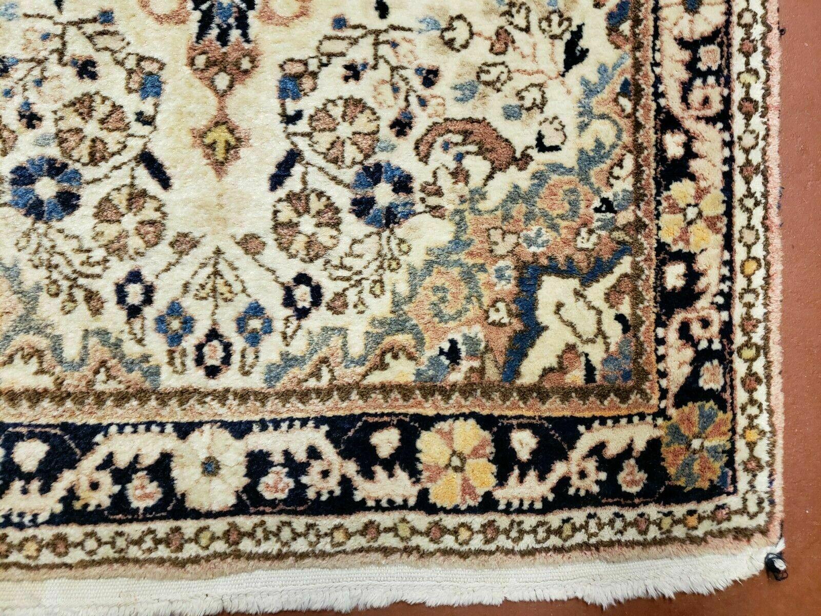 Small Persian Rug 2.4 x 3, Tiny Persian Sarouk Carpet, Cream Navy Blue, Floral Medallion, Vintage Wool Rug, Handmade Hand-Knotted Oriental Rug - Jewel Rugs