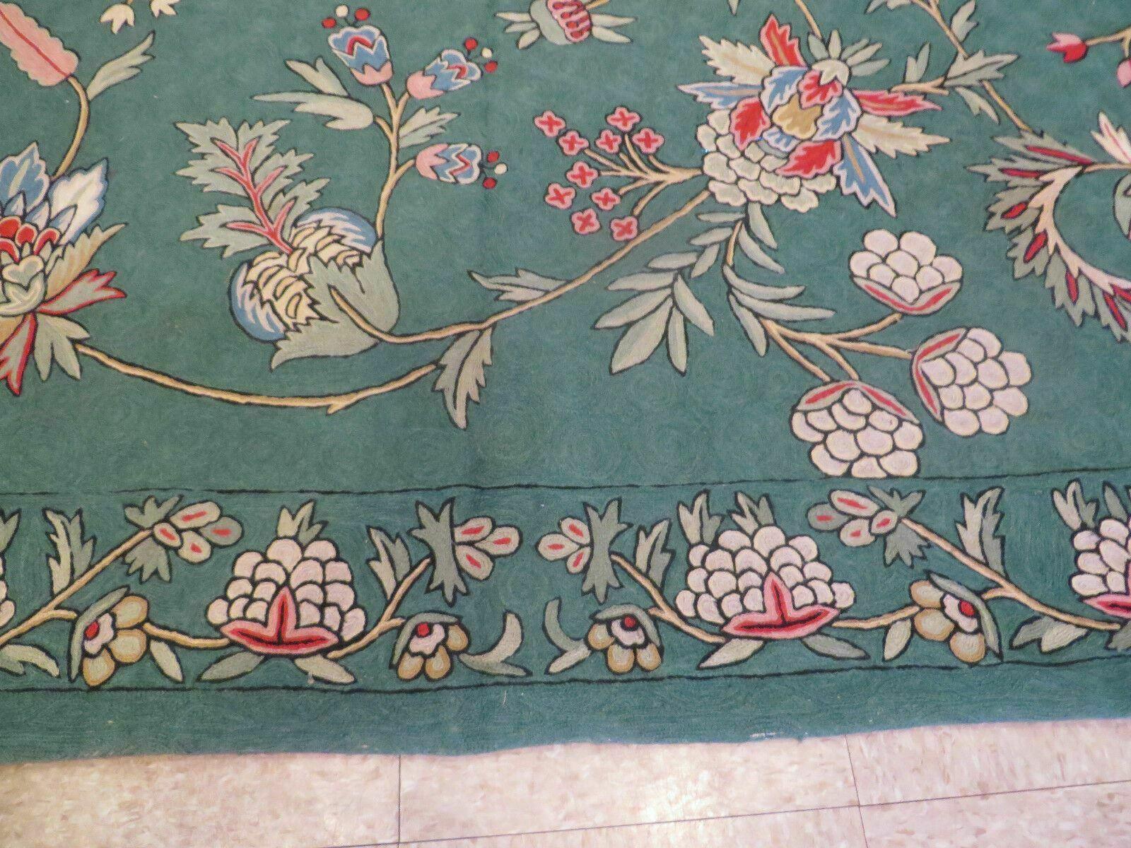 7' X 10' Vintage Handmade Indian Embroidery Hand Stitched Green Rug Wool - Jewel Rugs