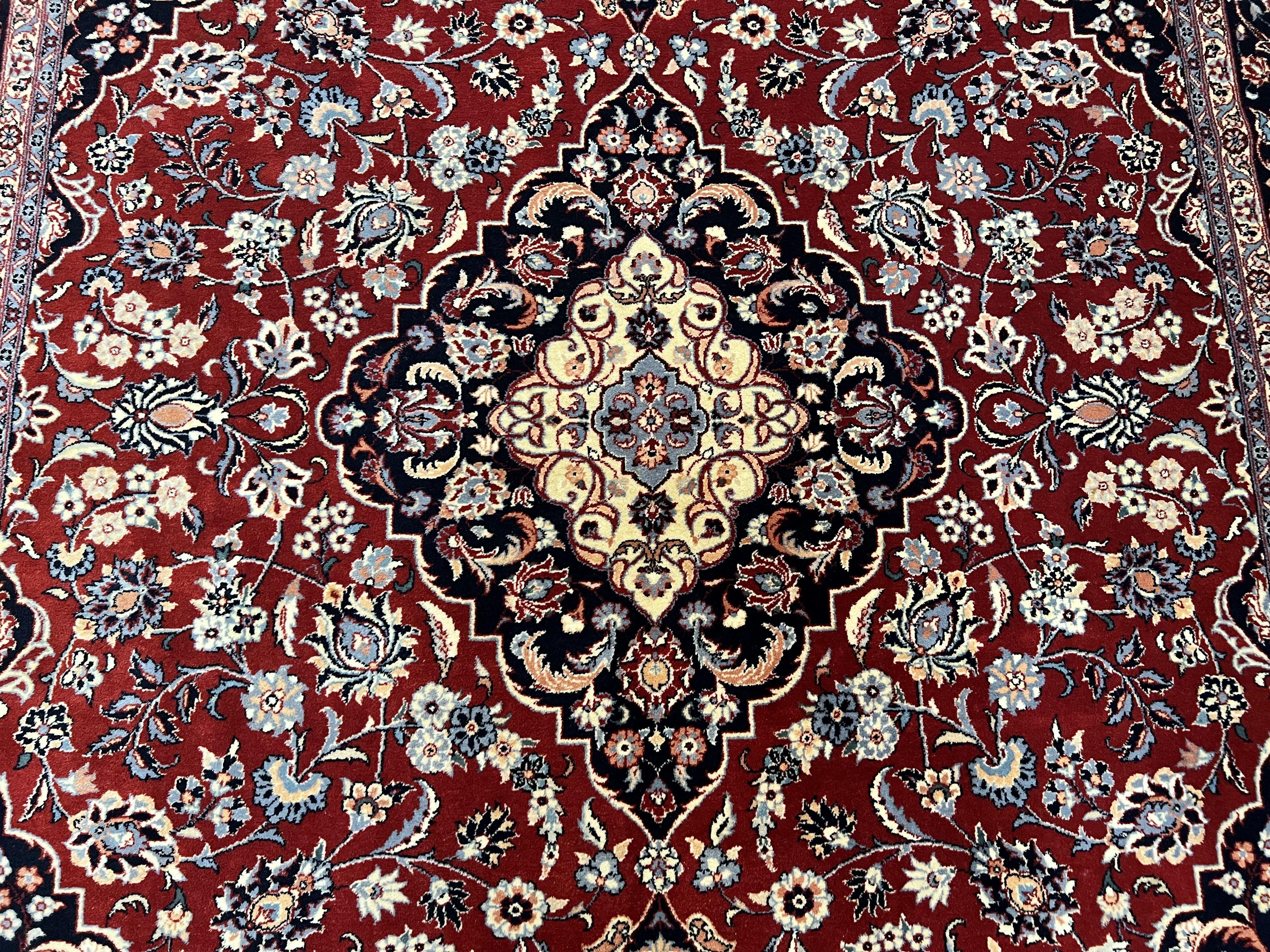 Pak Persian Rug 8x10, Vintage Pakistani Oriental Rug, Maroon Dark Blue Cream, Handmade Wool Carpet 8 x 10, Allover Floral Medallion Fine Rug - Jewel Rugs