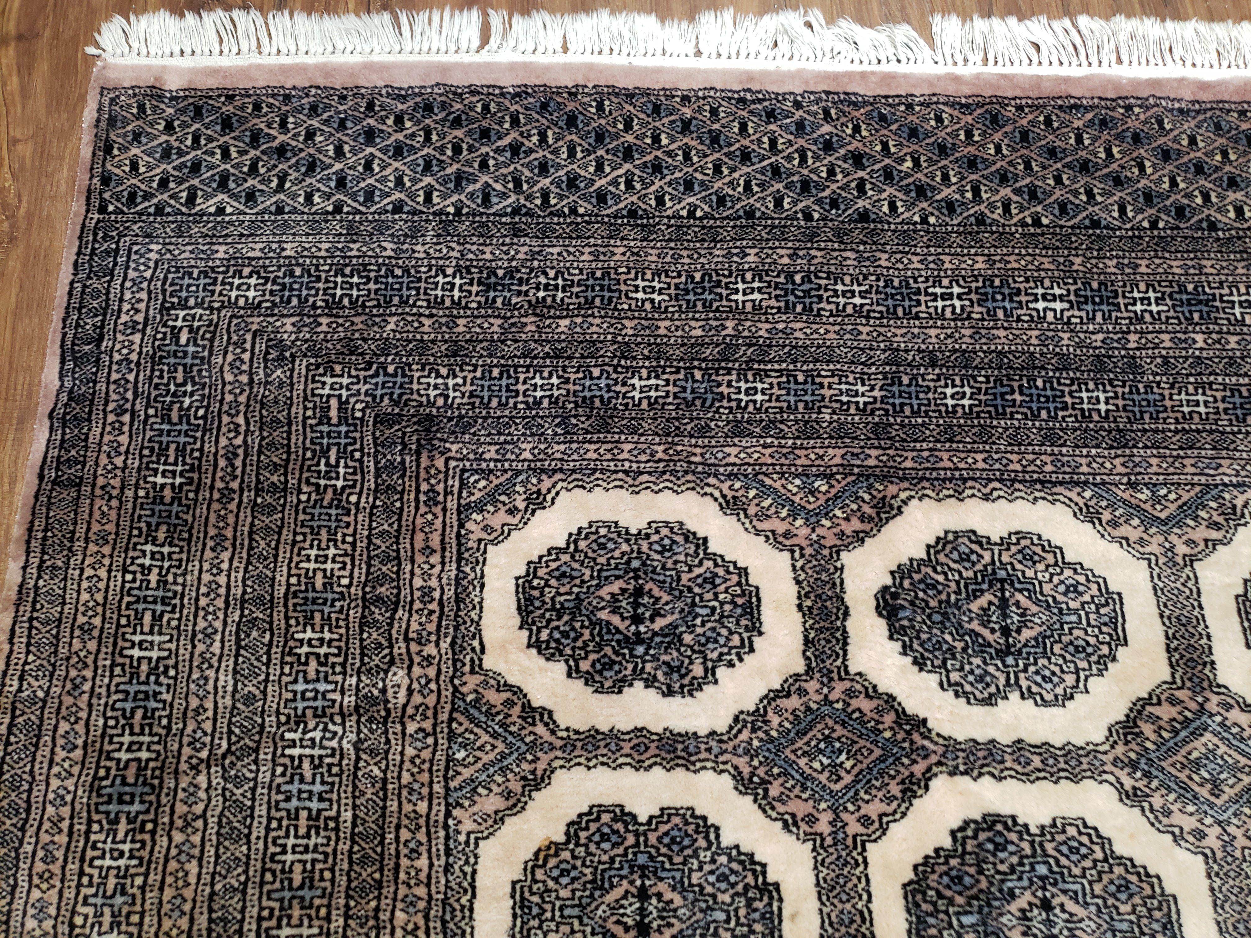 Vintage Pakistani Bokhara Rug, 7x9 - 7x10 Handmade Area Rug, Fine Turkoman Rug, Ivory Taupe Black, Bukhara Rug, Nice Wool, Living Room Rug - Jewel Rugs