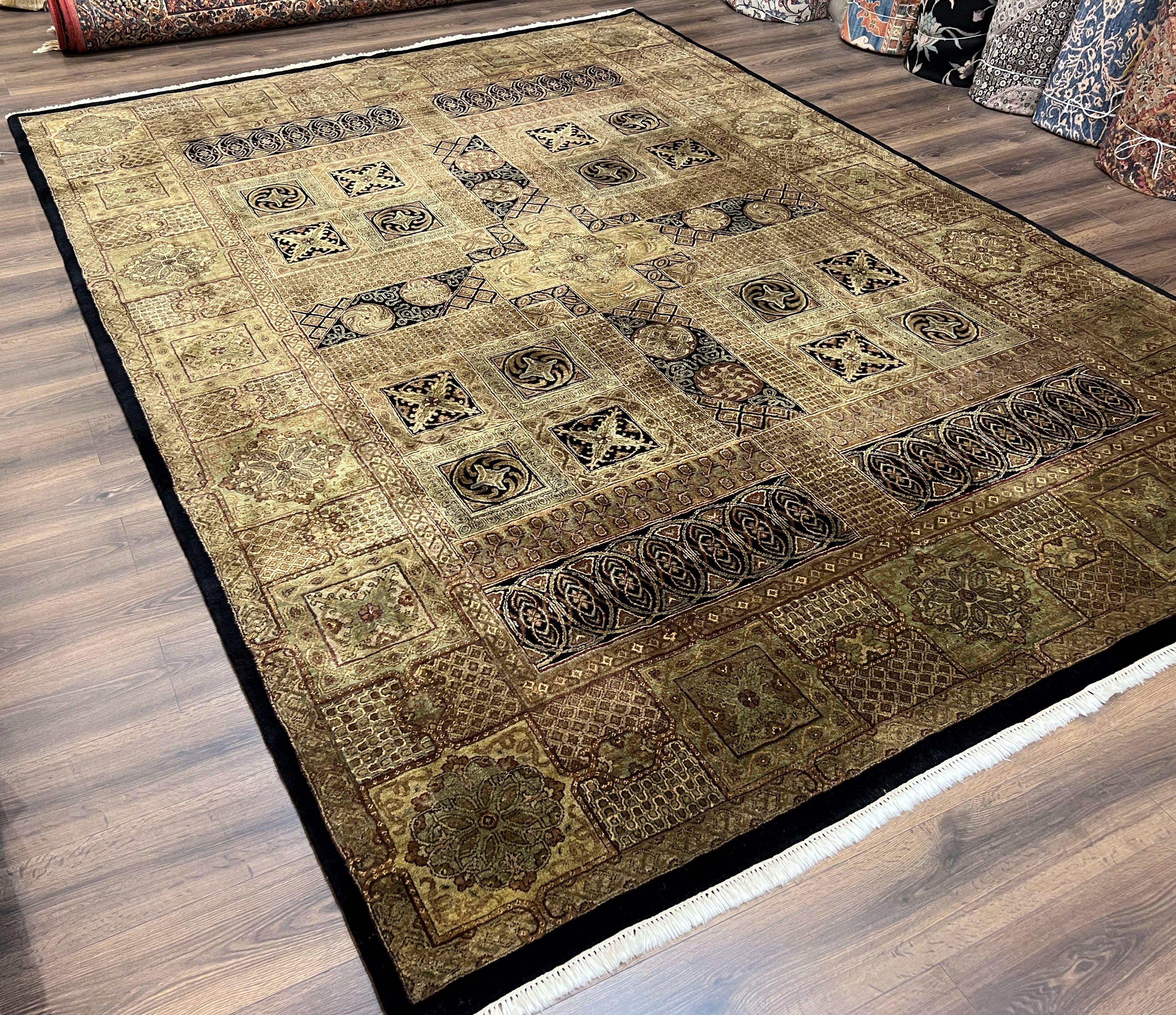 Indo Persian Rug 9x12, Vintage Area Rug 9 x 12, Wool Hand-Knotted Oriental Carpet, Panel Design, Tea Washed Rug, Brown/Tan Black, Indian Rug - Jewel Rugs