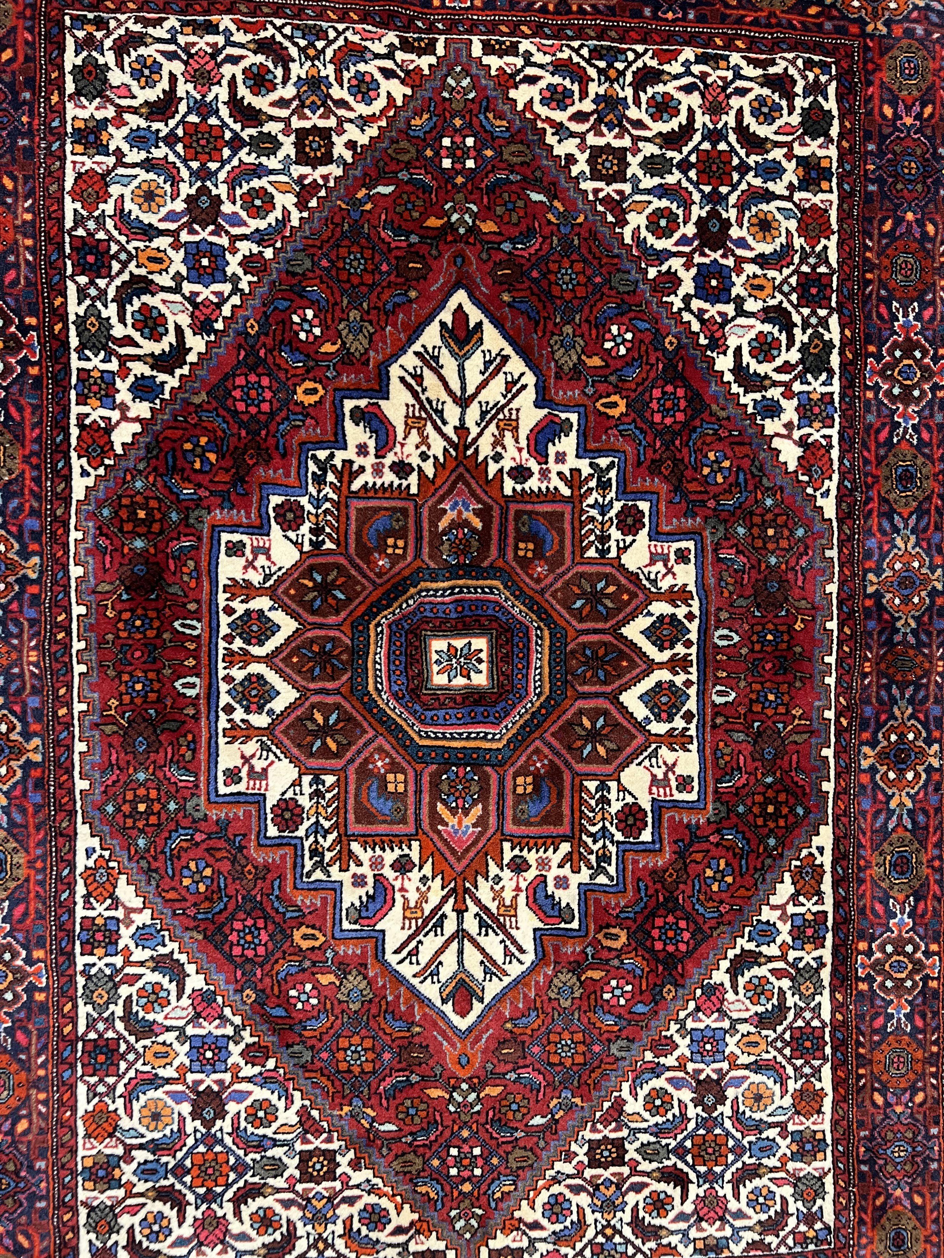 Fine Persian Bidjar Rug 3x5, Geometric Medallion Oriental Bijar Carpet 3 x 5 ft, Ruby Red and Cream, Hand Knotted Wool Rug, Semi Antique Tribal Rug, Nice - Jewel Rugs