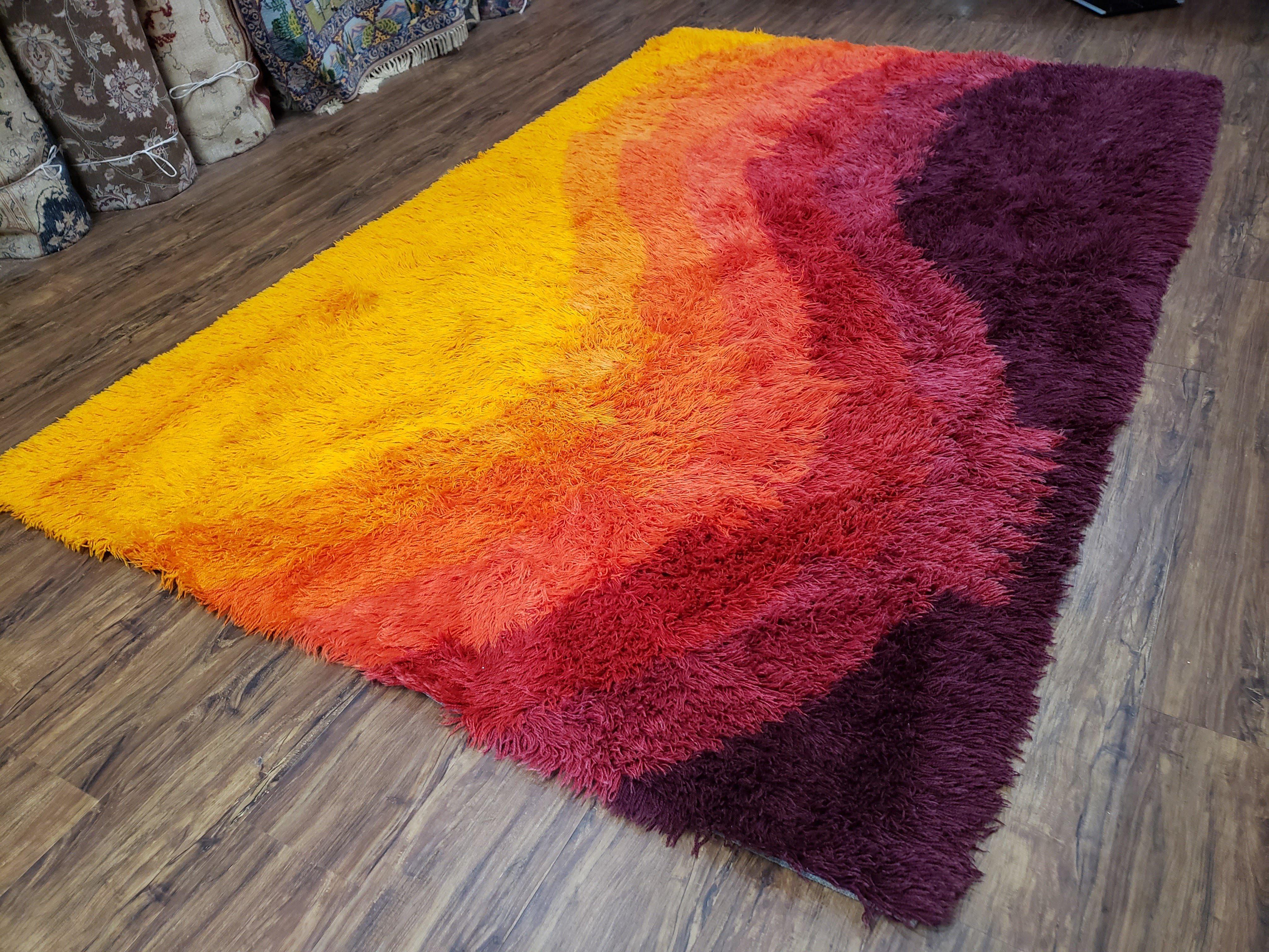 Rya Shag Rug 6x9, Mid-Century Ege Rya Area Rug, Orange Red Purple Danish Shag Rug, 6 x 9 Modern Abstract Carpet, 1960s Living Room Rug - Jewel Rugs