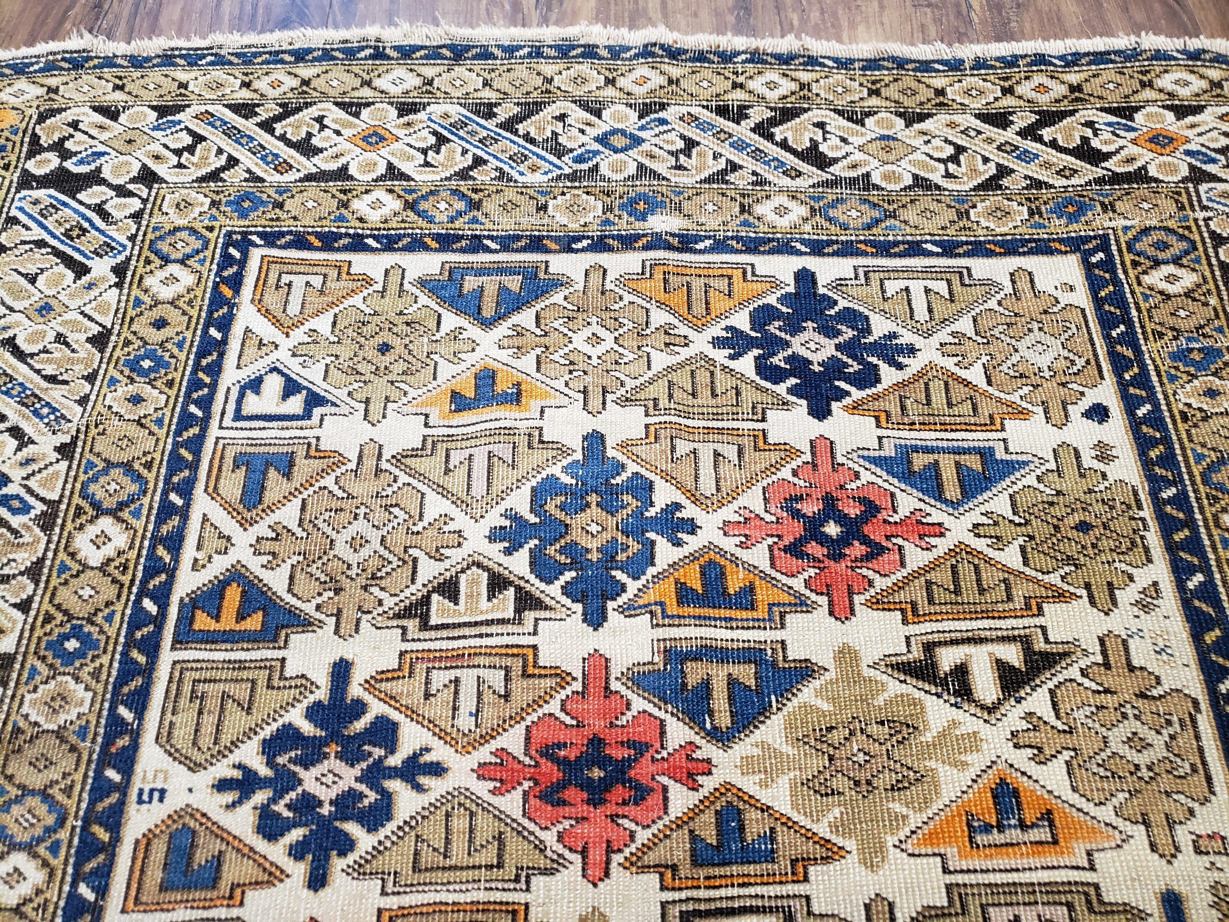 Antique Caucasian Shirvan Area Rug 4x5, 1920s Kuba Rug, Caucasus Mountains Wool Hand-Knotted Dagestan Carpet, Ivory Blue Yellow, Collectible - Jewel Rugs