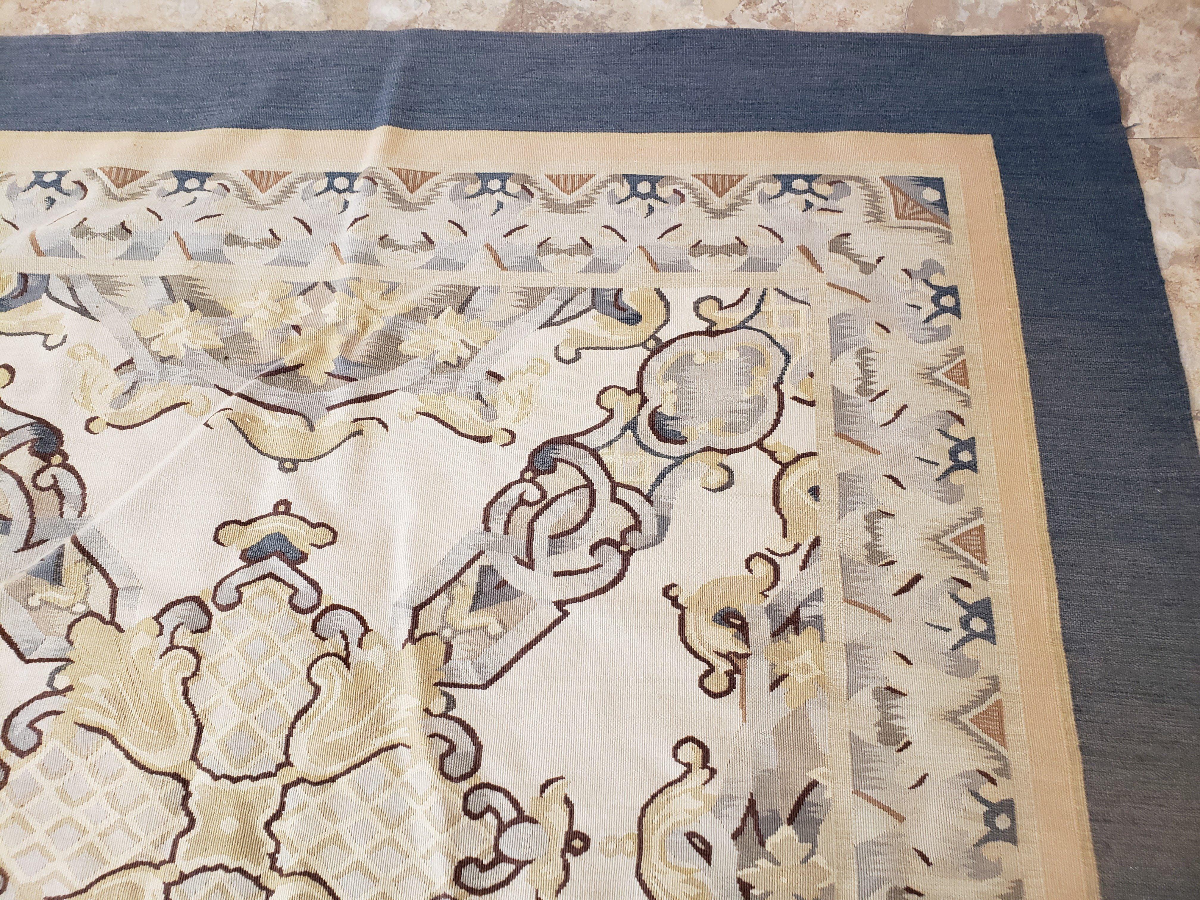 Oversized Aubusson Rug 16 x 21 ft, Palace Sized Flat Weave Carpet, Extra Large Handmade Rug, Flat Weave Chinese Aubusson, Wool, Ivory Blue - Jewel Rugs