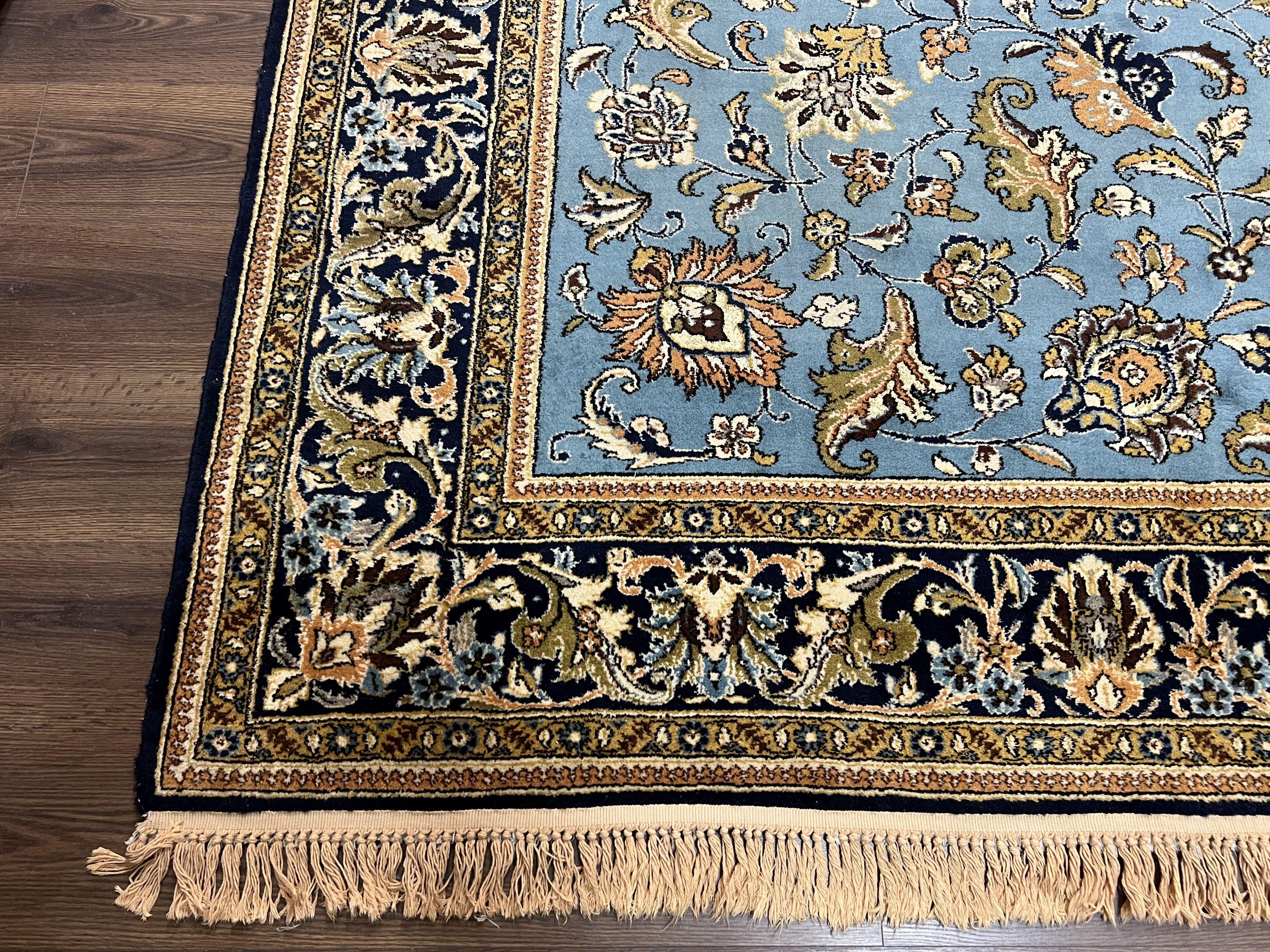 Marvelous Light Blue Persian Qum Rug 9x12, Top Quality Floral Allover Semi Antique Hand Knotted Authentic Ghom Qom Persian Carpet 9x12, Wool & Silk Highlights - Jewel Rugs