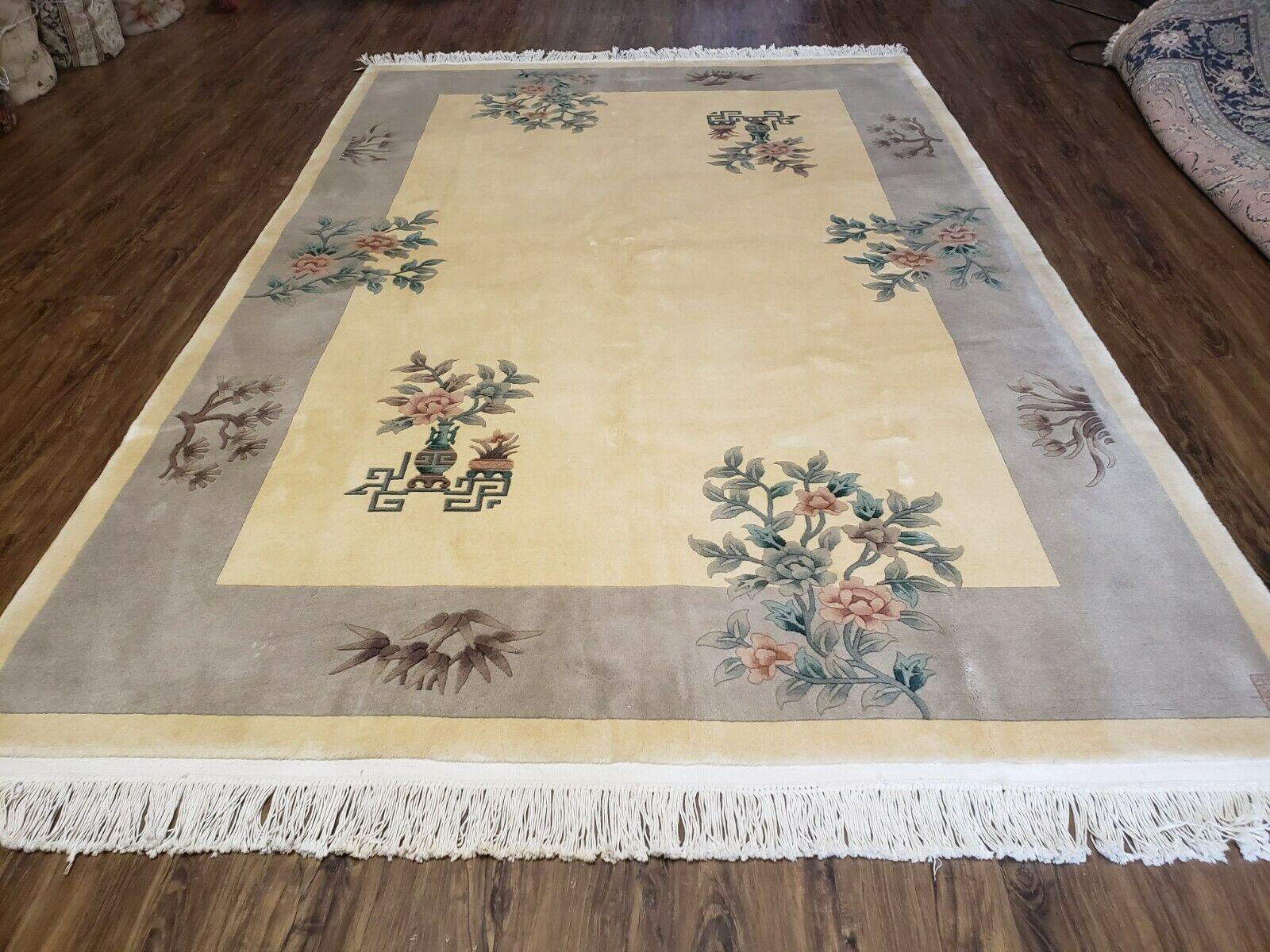 6' X 9' Vintage Handmade Chinese Art Deco 120 Lines Wool Rug Flowers Nice Ivory - Jewel Rugs