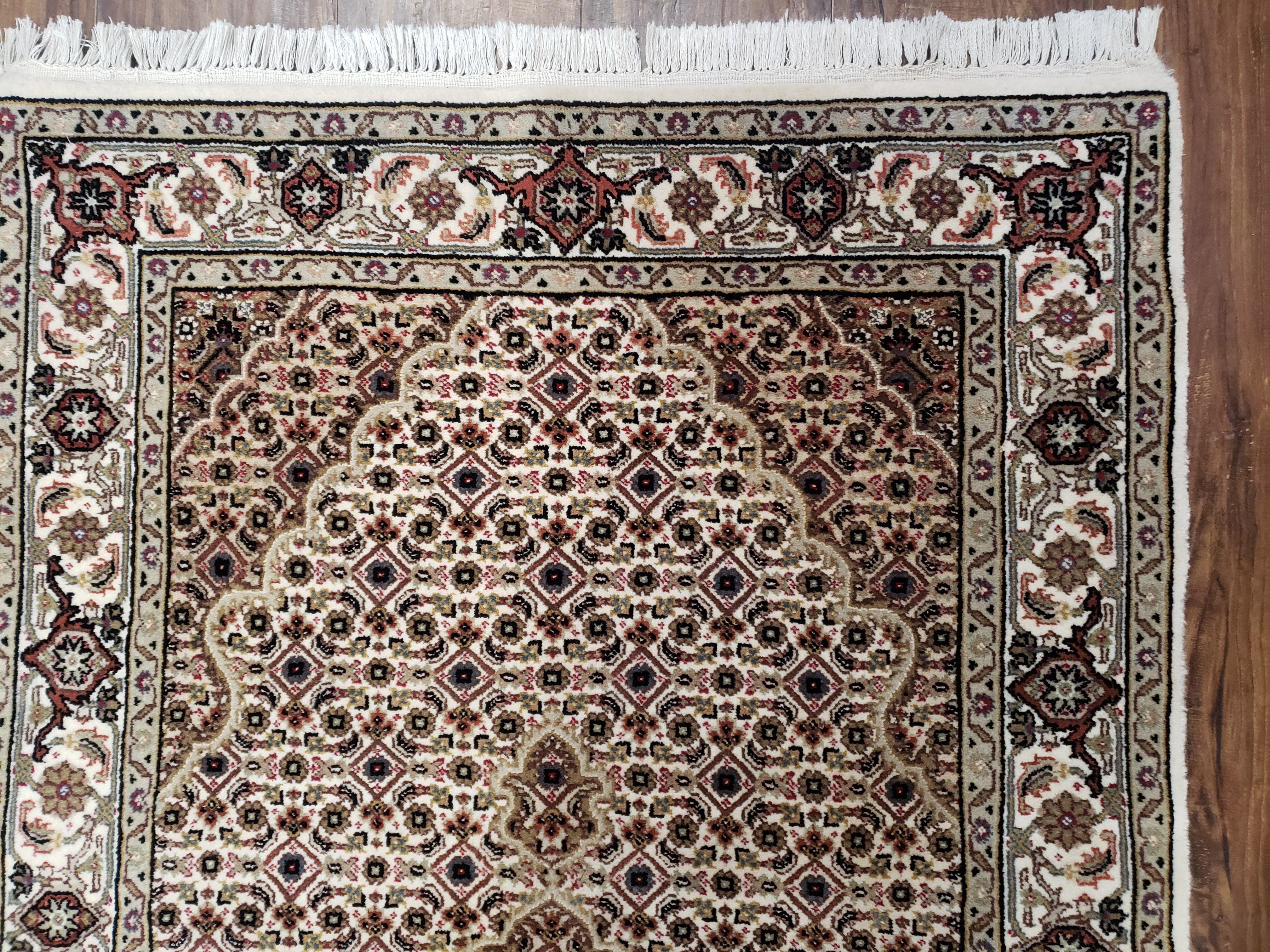 Indo Persian 3x5 Traditional Rug, Hand-Knotted, Vintage 1980s Allover Handmade Rug Ivory, Indo Mahal Oriental Rug, Medallion, Wool, 3 x 5 ft - Jewel Rugs