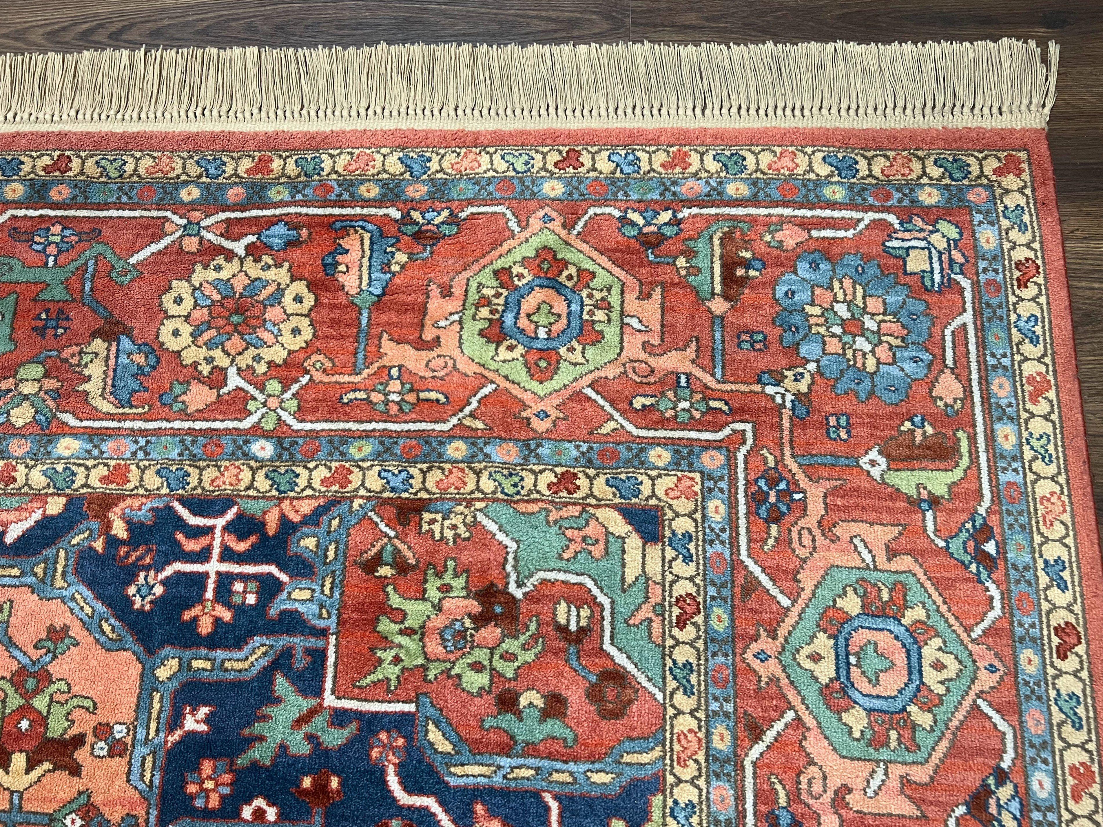 Karastan Medallion Serapi Rug #736, Vintage Wool Karastan Carpet 8.8 x 12, Discontinued Original 700 Series Karastan Area Rug, Red Blue - Jewel Rugs