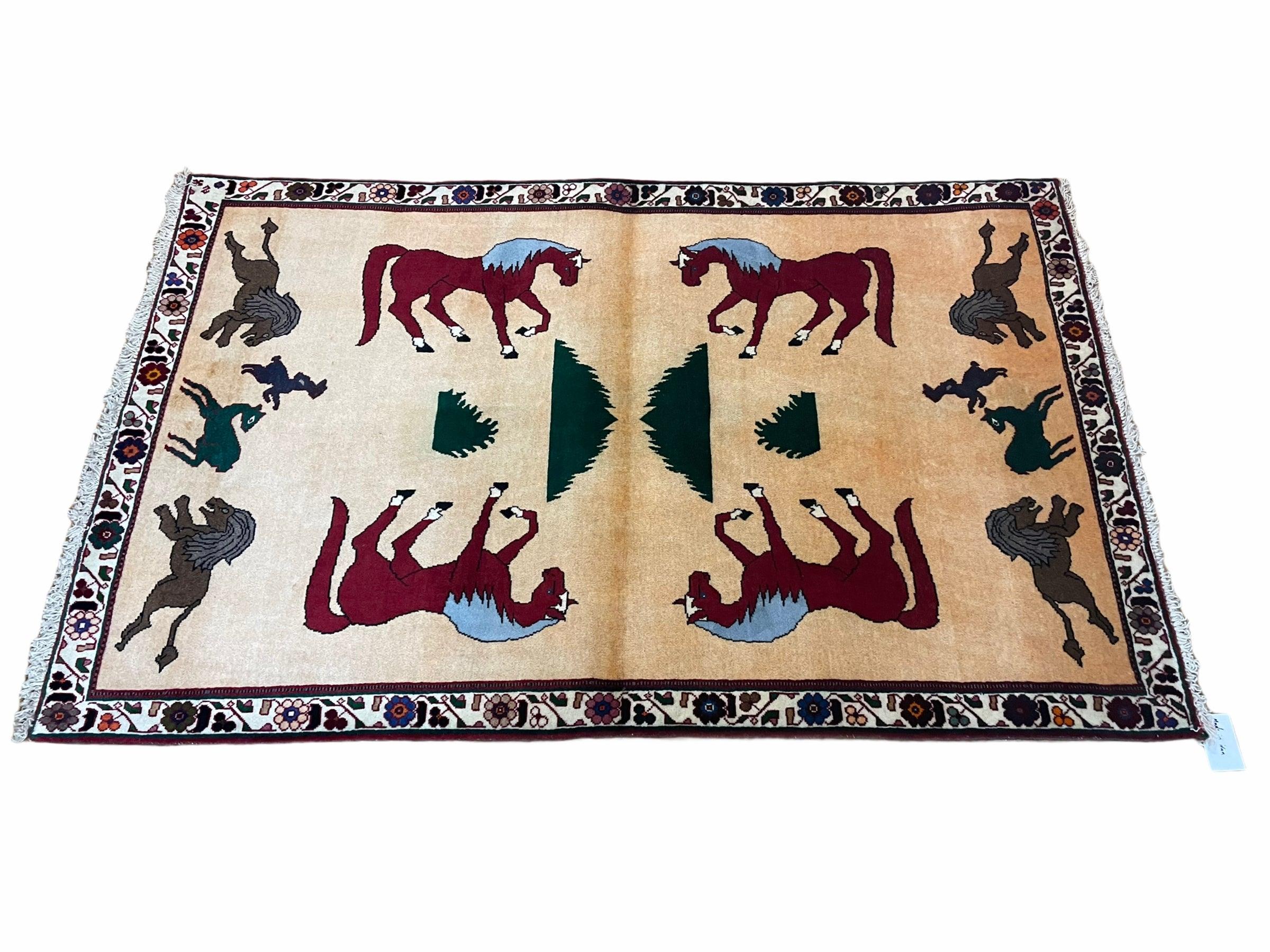 4x6 Rug Handmade Zagros Quality Wool Horses Tribal Hand-Knotted Rug Veggie Dye - Jewel Rugs