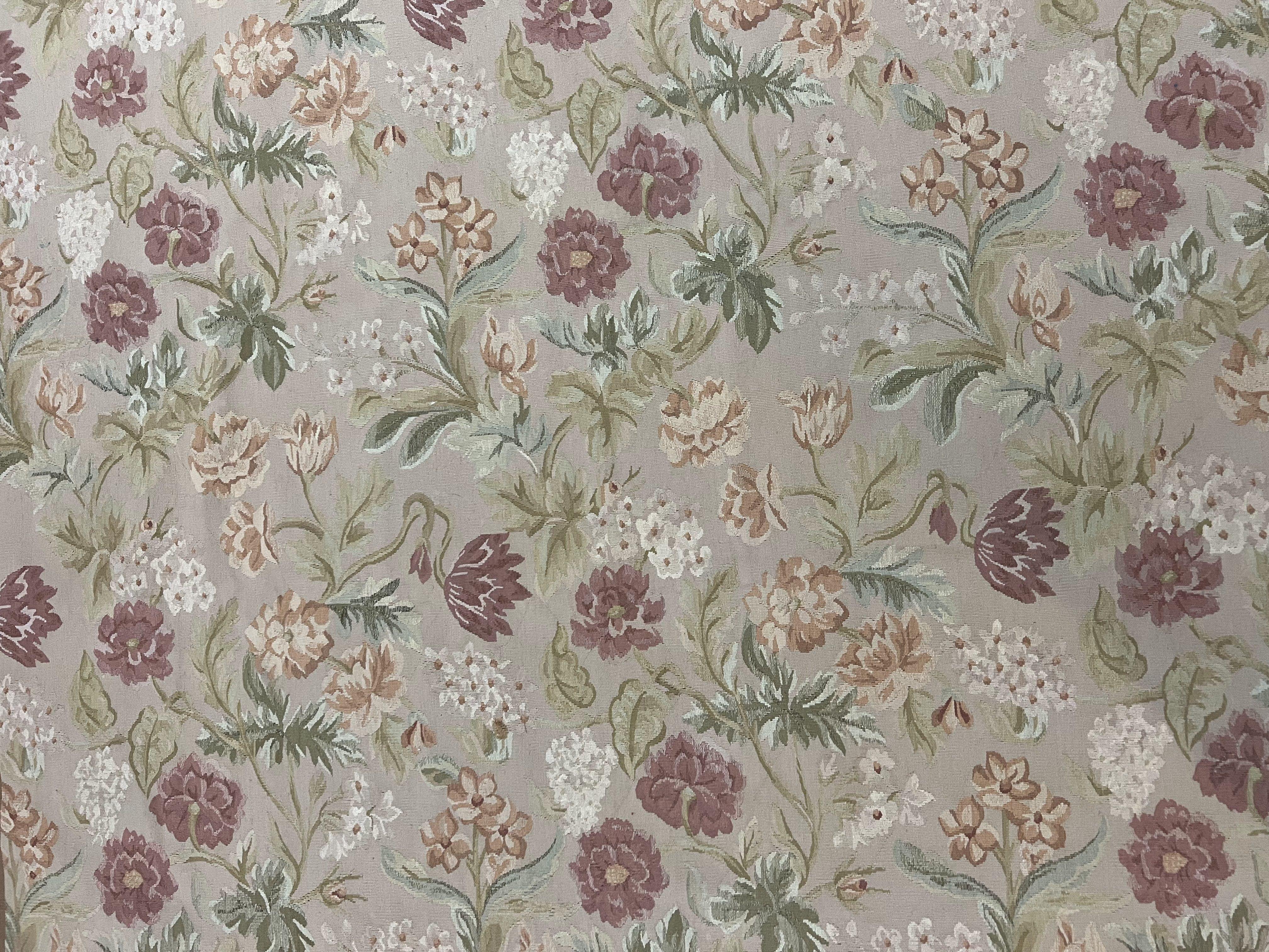 Aubusson Rug 9x12, Pink Beige Light Mauve, Handmade Allover Floral Roses, Wool Flatweave Carpet 9 x 12 ft, European French Design, Elegant - Jewel Rugs