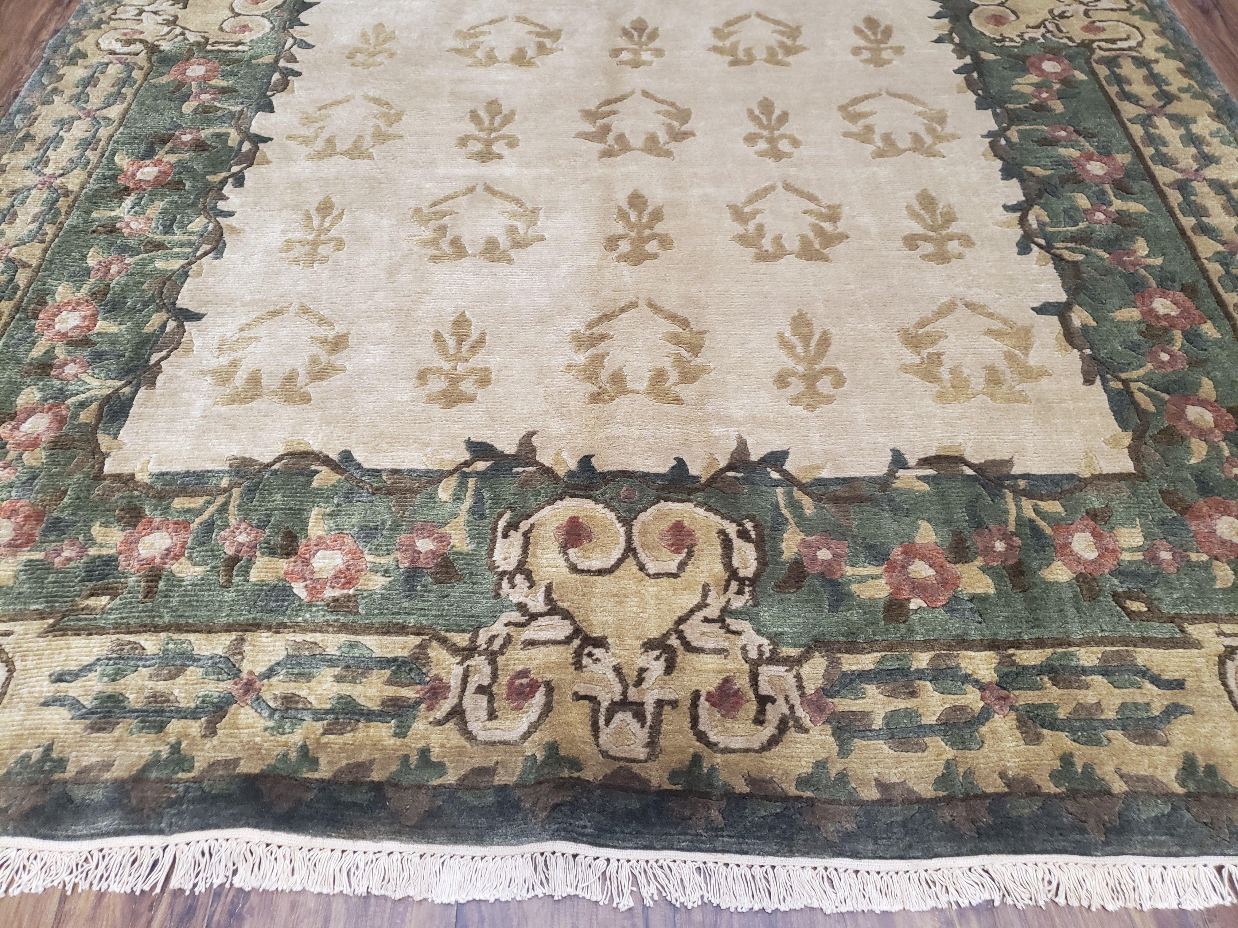 Vintage Nepalese Aubusson Area Rug 6x9, Hand-Knotted Beige & Green Tibetan Carpet, Soft Plush Pile, 6 x 9 European Design Rug - Jewel Rugs