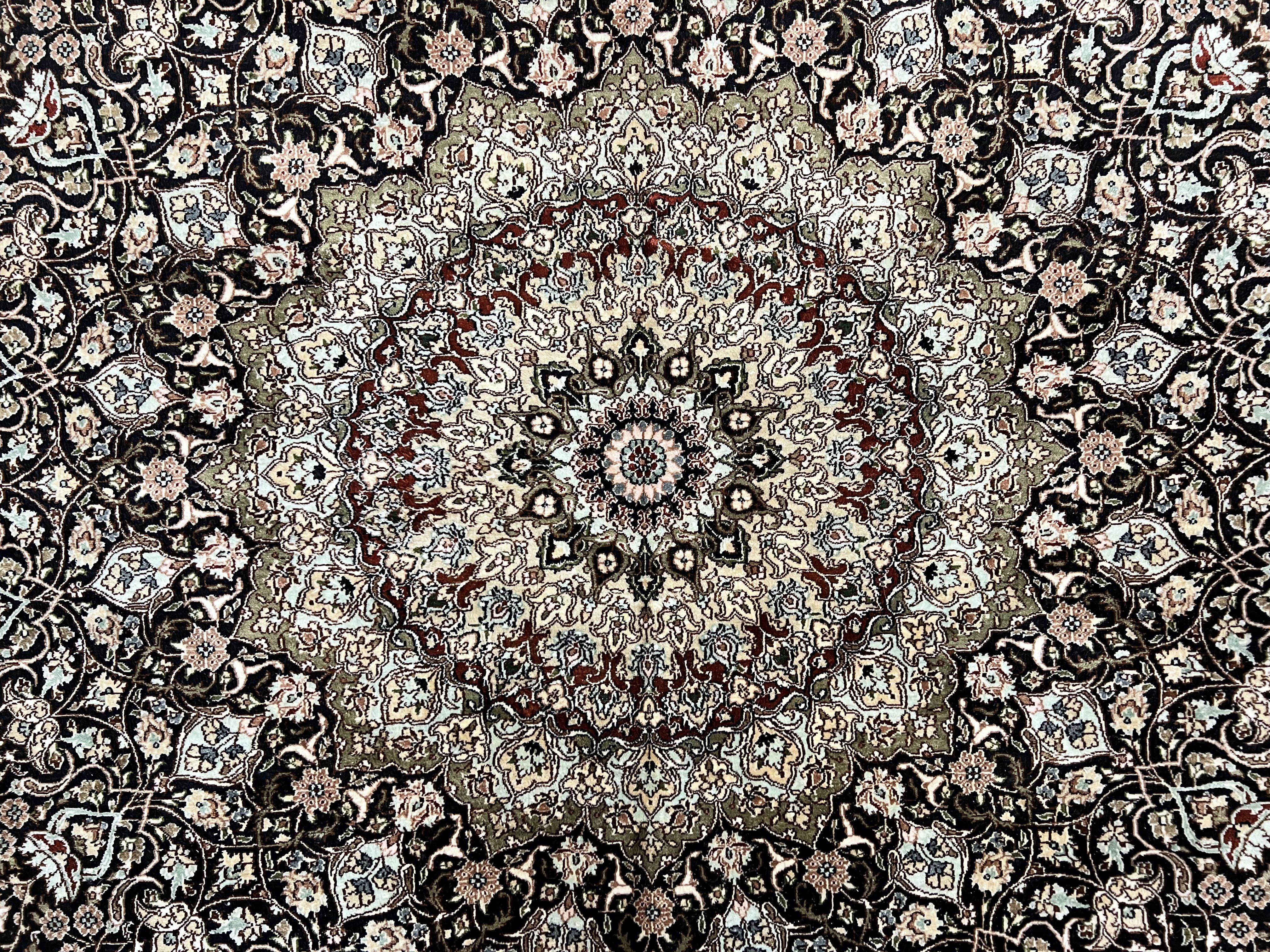 Top Quality Silk Sino Persian Rug 9x12, Highly Detailed Persian Carpet, Center Medallion Floral Allover Black and Ivory/Cream Room Sized Wow - Jewel Rugs