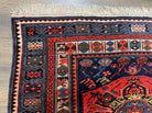 Antique Caucasian Seychour Rug 3.7 x 5.5, Collectible Oriental Carpet, Navy Blue and Red, Fine Kuba Rug, Vintage Rug, Wool Hand Knotted Rug - Jewel Rugs